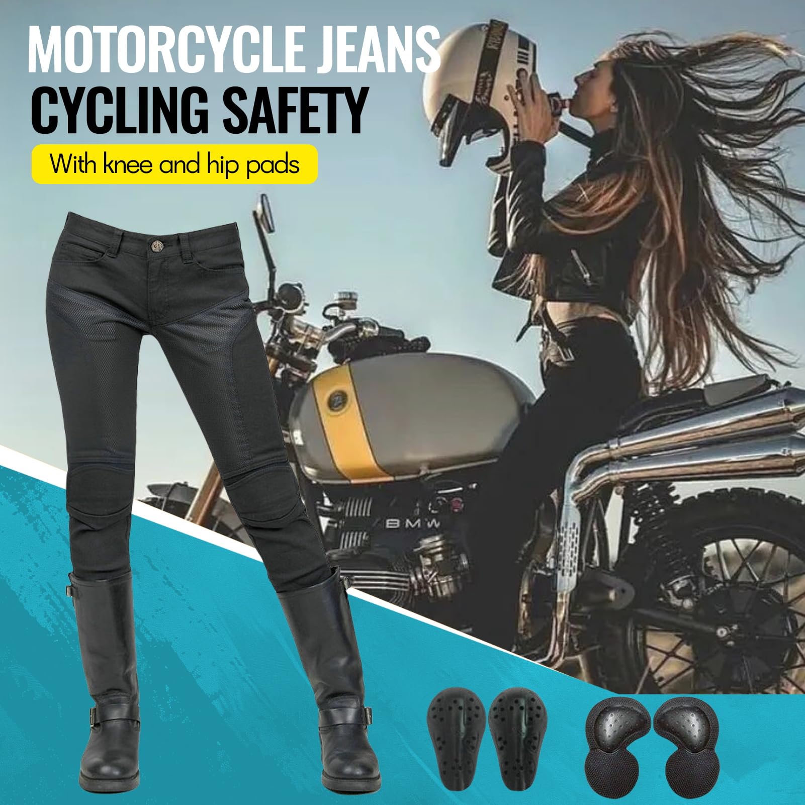Pantalones De Moto para Mujer,Kevlar Vaqueros De Motociclista Elástico Carreras Senderismo Pantalones con Bolsillos Y 4 Almohadillas Protectoras Desmontables