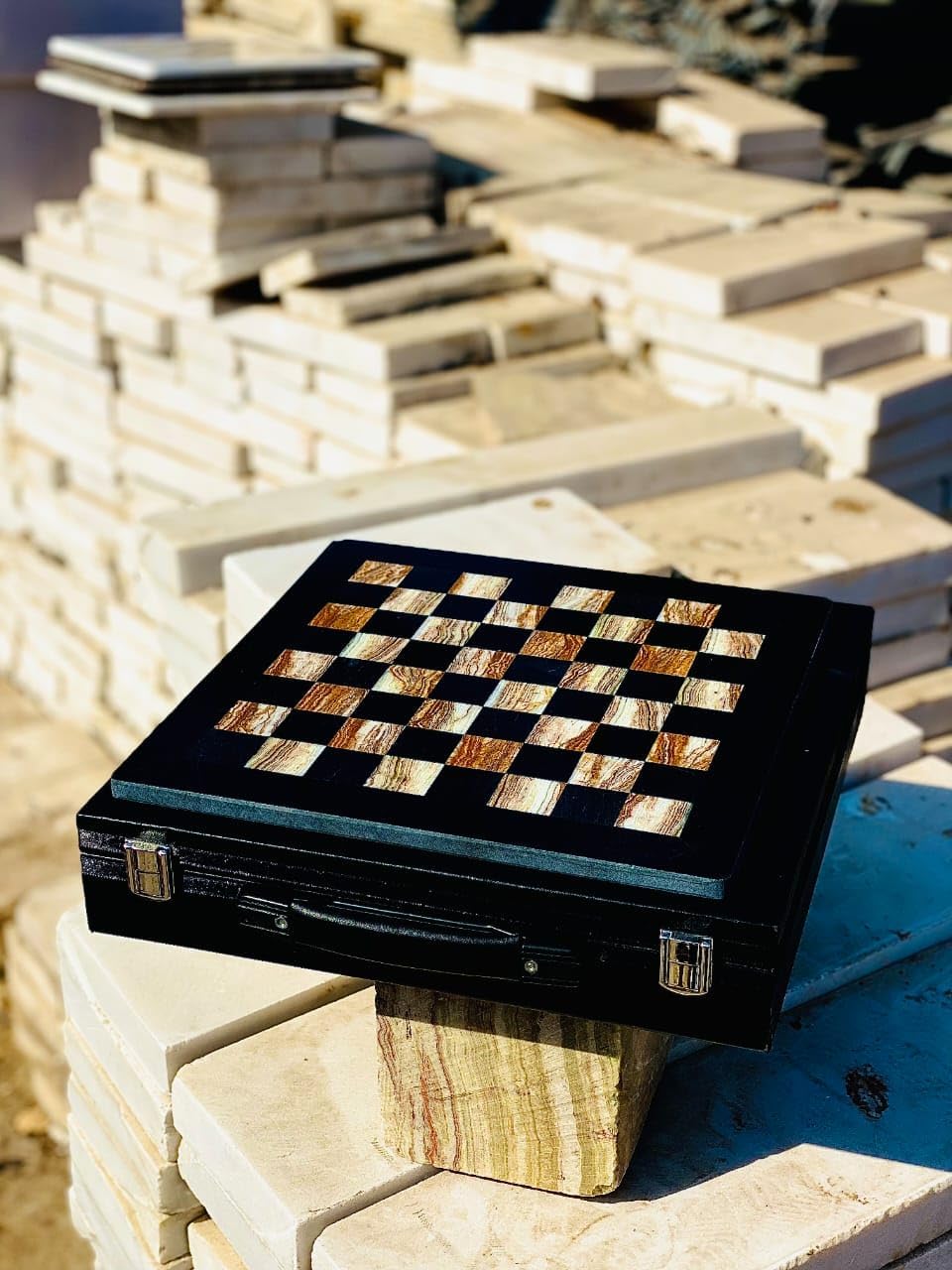 12-Inch Marble Chess Set with Hand-Carved Pieces – Includes Black Faux Leather Storage Gift Box (Black MultiGreen)