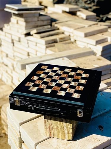 Miniatura 3 de Juego de ajedrez de mármol de 12 pulgadas con piezas talladas a mano, incluye caja de regalo de almacenamiento de piel sintética negra (negro Negro