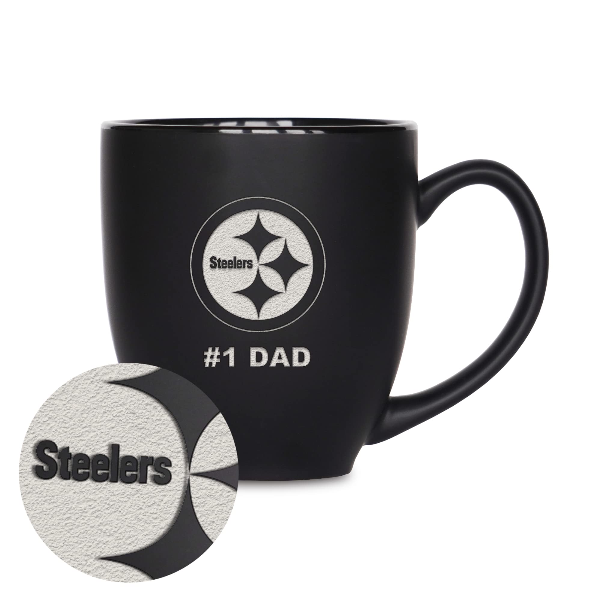 Rico Industries NFL Football #1 Dad 15oz Laser Engraved Matte Black Ceramic Bistro Mug - for Hot or Cold Drinks