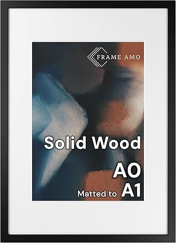 Frame Amo Marco de póster de madera maciza A0 de 33.1 x 46.8 pulgadas, color negro, con apertura de paspartú blanco de 22.9 x 32.6 pulgadas para