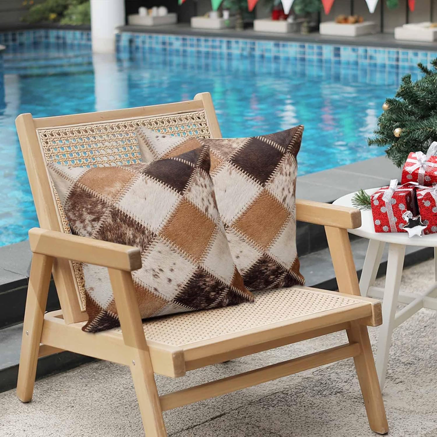 Worn Hide Outdoor Pillow Covers 16 x 16 inch Set of 2 Rustic Vintage Abstract Bronze Brown Tan Diamond Plaid Waterproof Throw Pillow Cover Cushion Case for Home Outside Patio Furniture Garden Porch