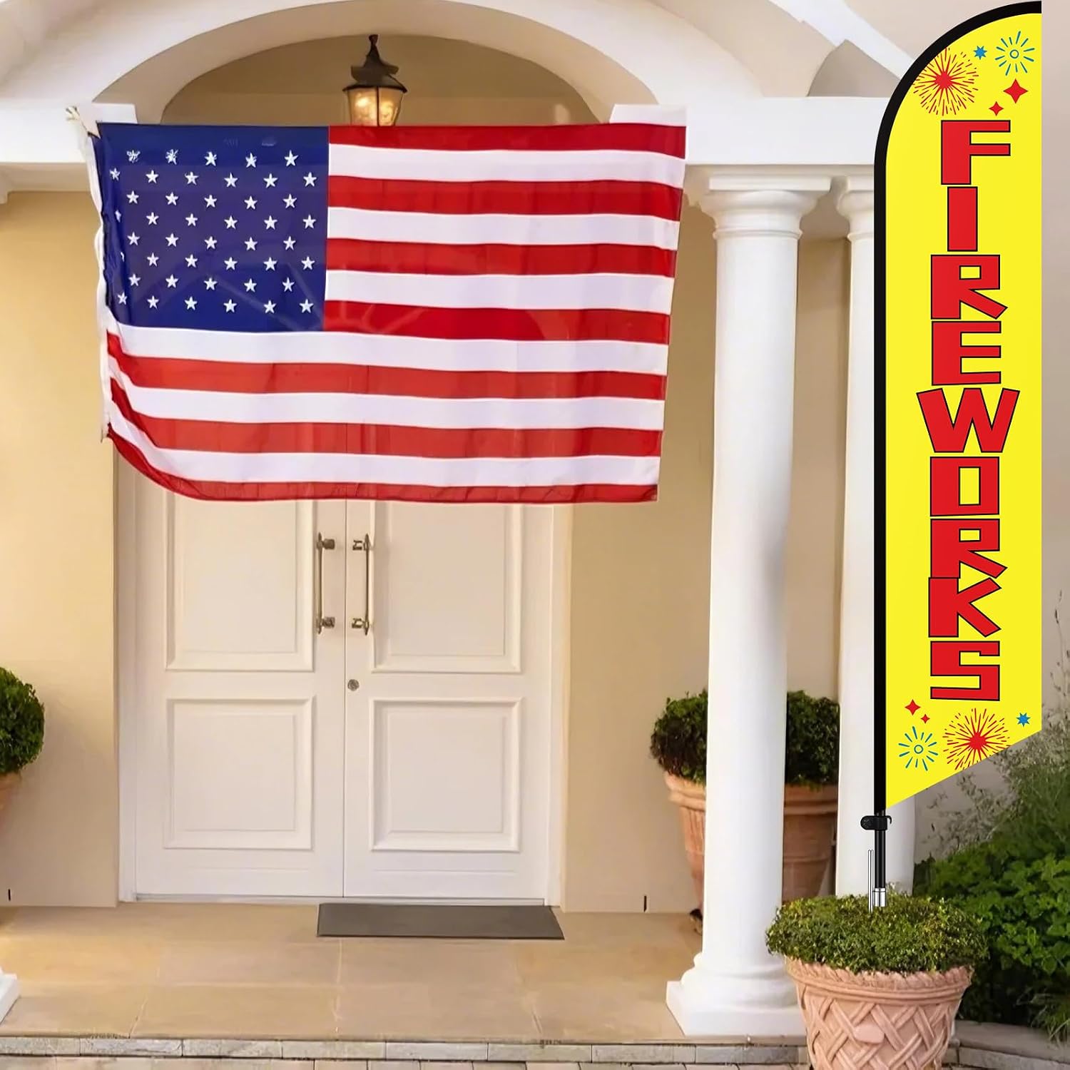 Tingjoo 15FT 4th of July Vibrant Fireworks Feather Flag Pole Kit for Outdoor Advertising Feather Banner with Fiberglass Pole Kit and Ground Spike for Outdoor Event Planning