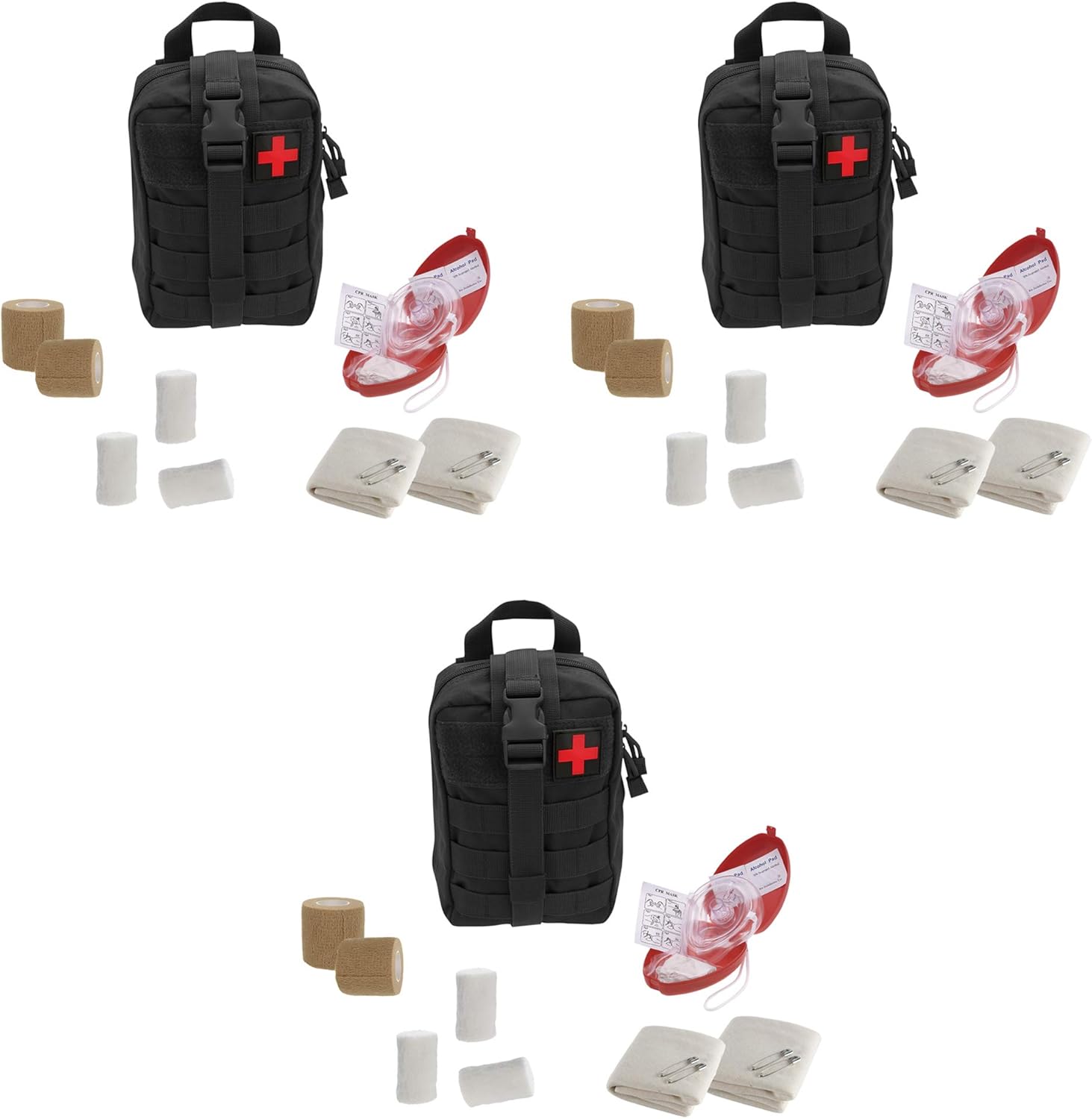 Tactical First Aid CPR Rescue Kit, w/Adult/Child Pocket Resuscitator Mask, Cohesive Bandages, Gloves, Gauze, Triangular Bandage, Alcohol Pads, Hard Case + IFAK Molle Pouch (3)