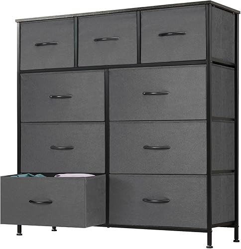 Vista 205 de DUMOS Cómoda para dormitorio, 4 cajones, organizador de cofres altos de tela, muebles de torre con marco de metal superior de madera para sala