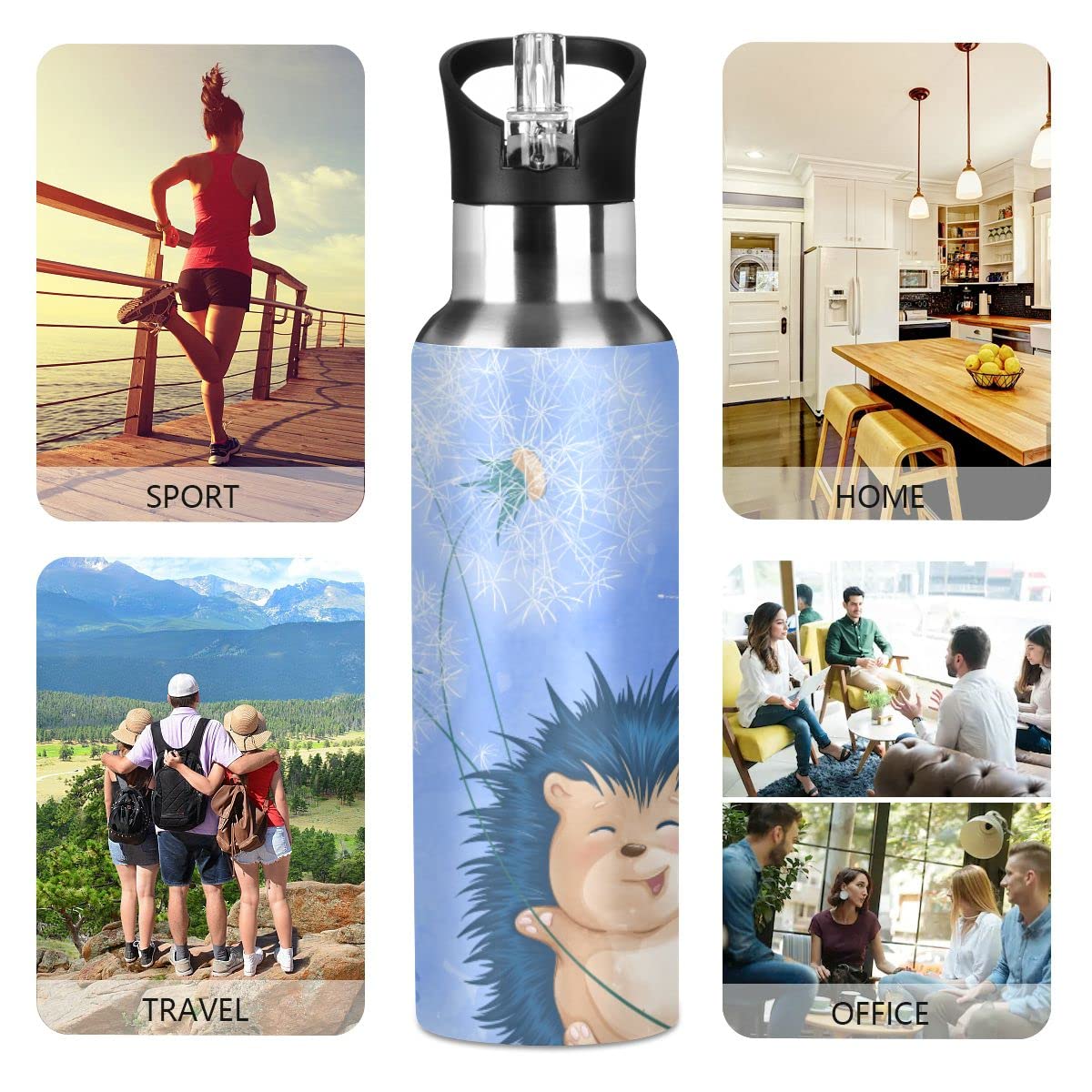 Edelstahl Wasserflasche mit Strohhalm, Igel fröhlich isolierte Trinkflasche Sport Wasserflasche für Kinder Erwachsene, auslaufsicher, 1L