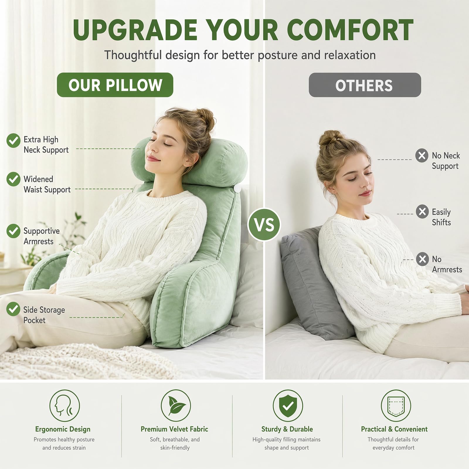 Cuscino per la schiena, cuscino da lettura extra grande con custodia rimovibile, cuscino ergonomico per letto/divano, adatto per guardare la TV, leggere e giocare con i telefoni cellulari a letto
