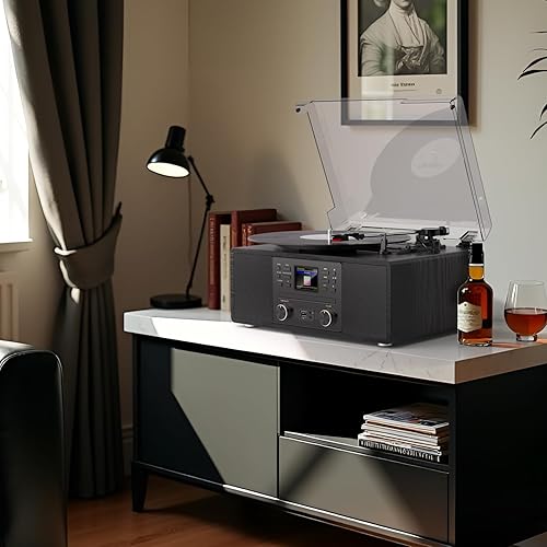 Miniatura 9 de Tocadiscos de vinilo Bluetooth con CD y radio por Internet, tocadiscos de 3 velocidades con grabación USB, salida AUXRCA, control remoto y tono,