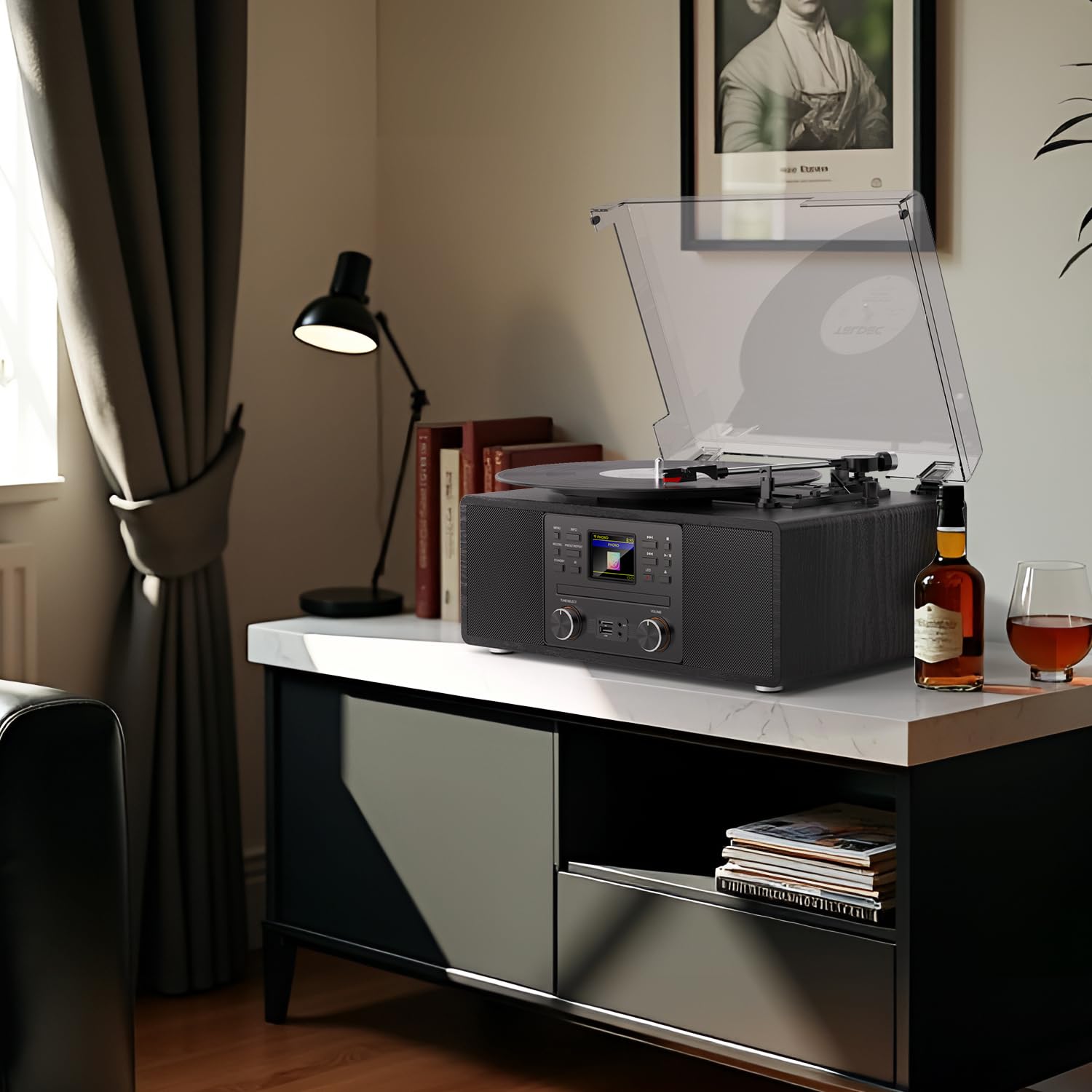 Giradischi Bluetooth in vinile con radio CD e Internet, giradischi con trasmissione a cinghia a 3 velocità con registrazione USB, uscita AUX/RCA, tono e telecomando, lettore in vinile nero vintage per
