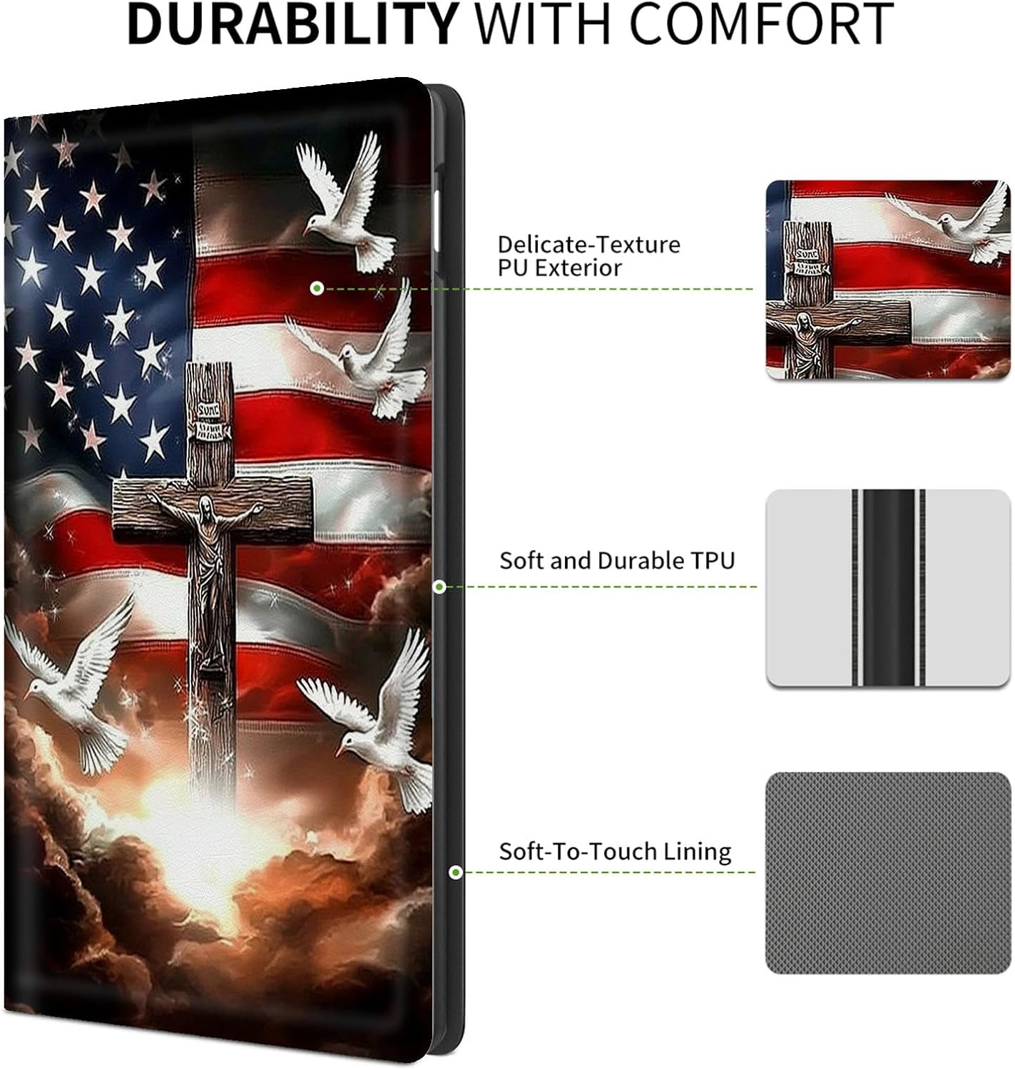 FUYOCWE for 7" Kindle Paperwhite Case (12th Generation-2024) & Kindle Colorsoft Signature Edition Case,Shockproof Shell Leather Stand Cover w/Auto Sleep Wake-American Flag with Cross Dove