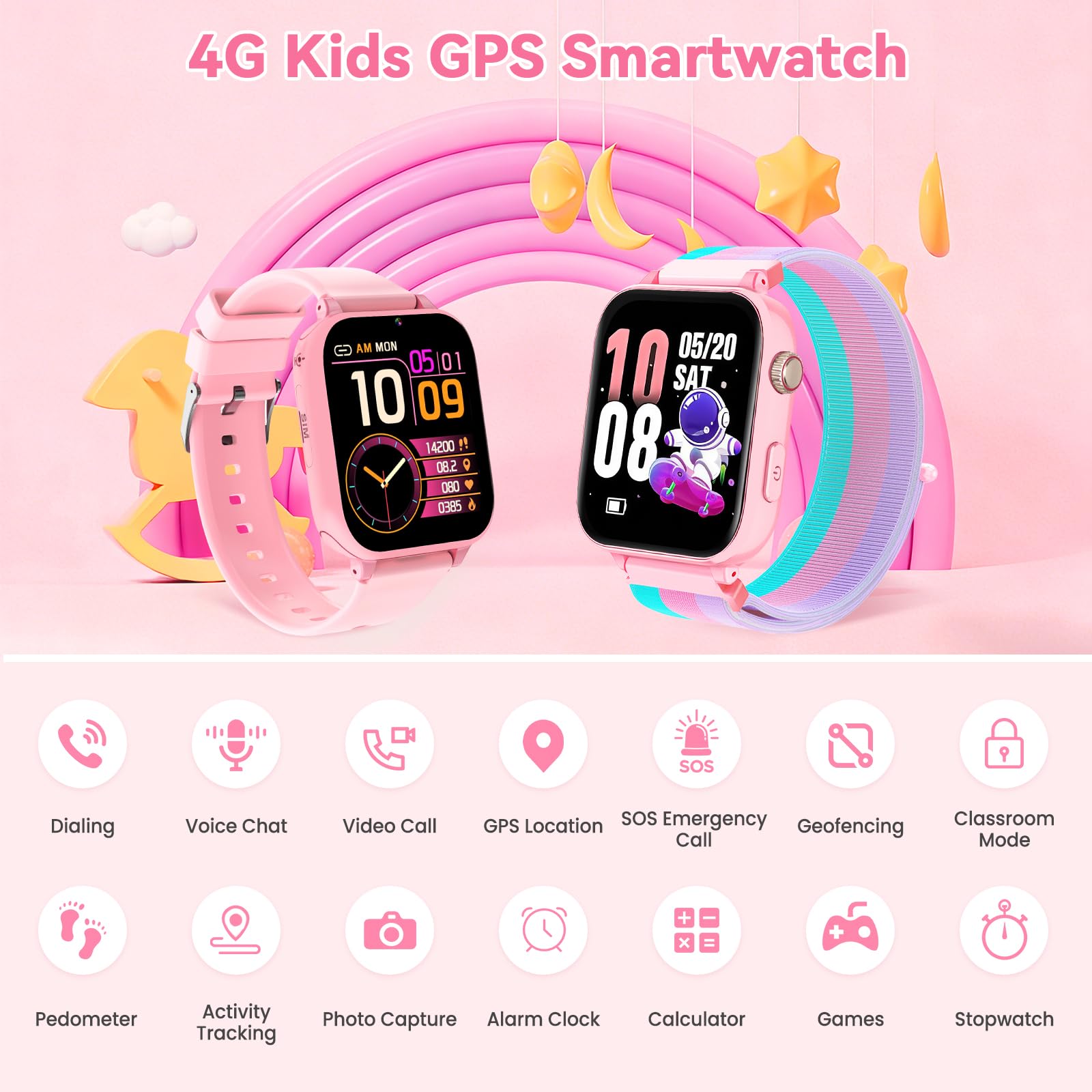 Kinder Smartwatch für Jungen Mädchen, kinderuhr Telefonuhr 4G mit GPS, Telefon, Videoanruf, Voice Chat, SOS, Schulmodus, Wecker, Schrittzähler, Spiele, Smart Uhr Watch für Kids Geschenke 4-12, Rosa