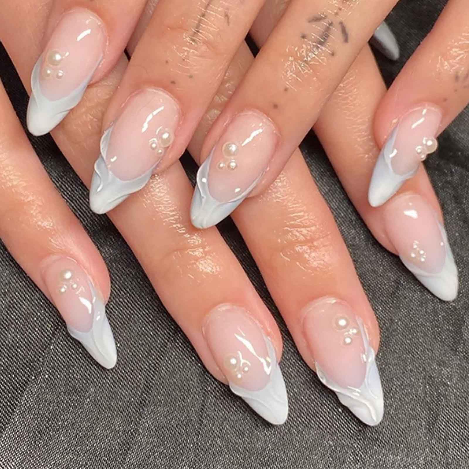 Hkanlre Almond Fake Nude Nails Tips Full Cover False Medium Nails Summer Flower Press on Nails for Women 24PCS