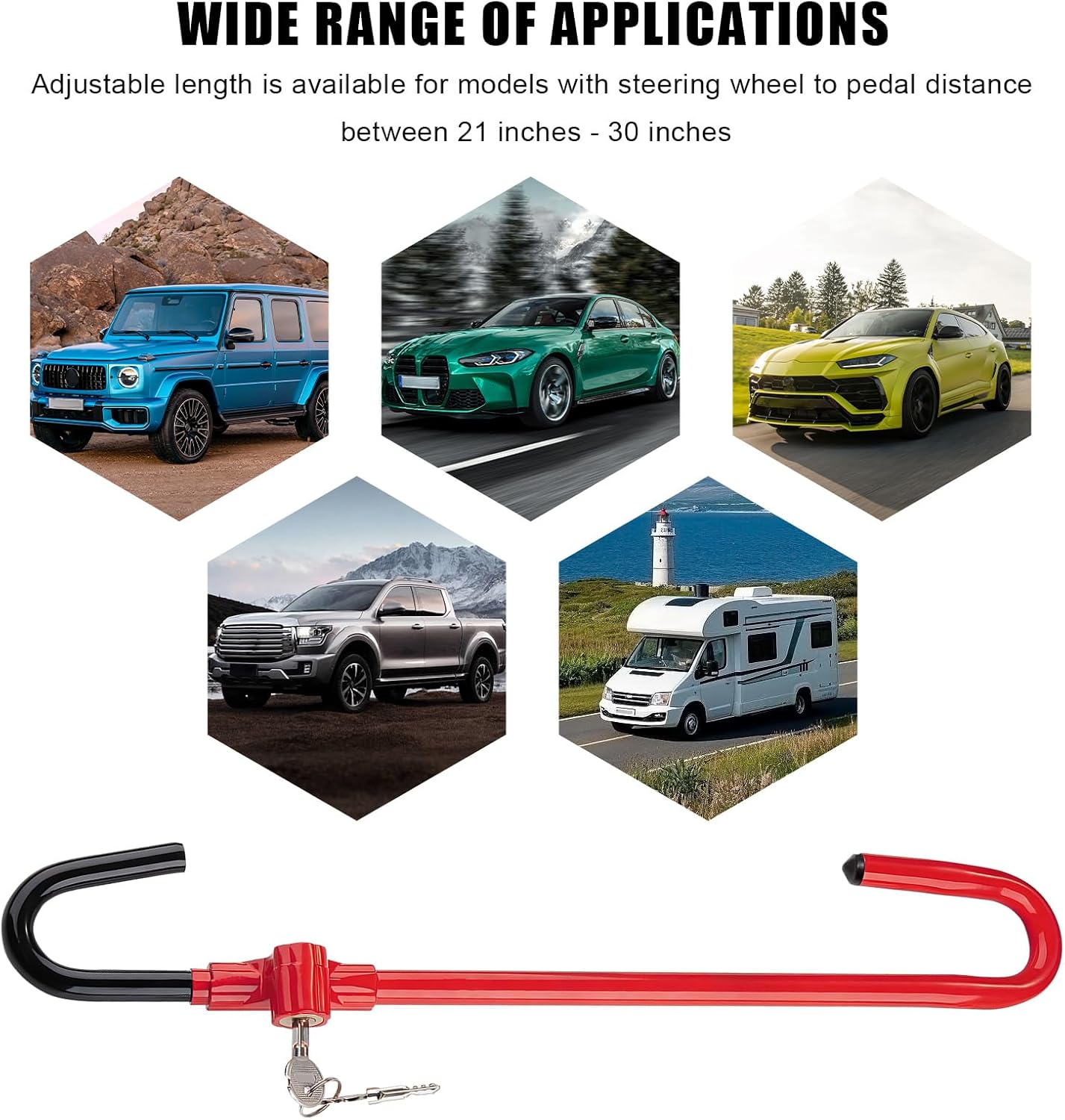 Steering Wheel Lock, Extended Anti Theft Device Wheel Security Lock with Adjustable Length, Universal Heavy Duty Brake Pedal Retractable Hook with Keys for Car Truck SUV Van