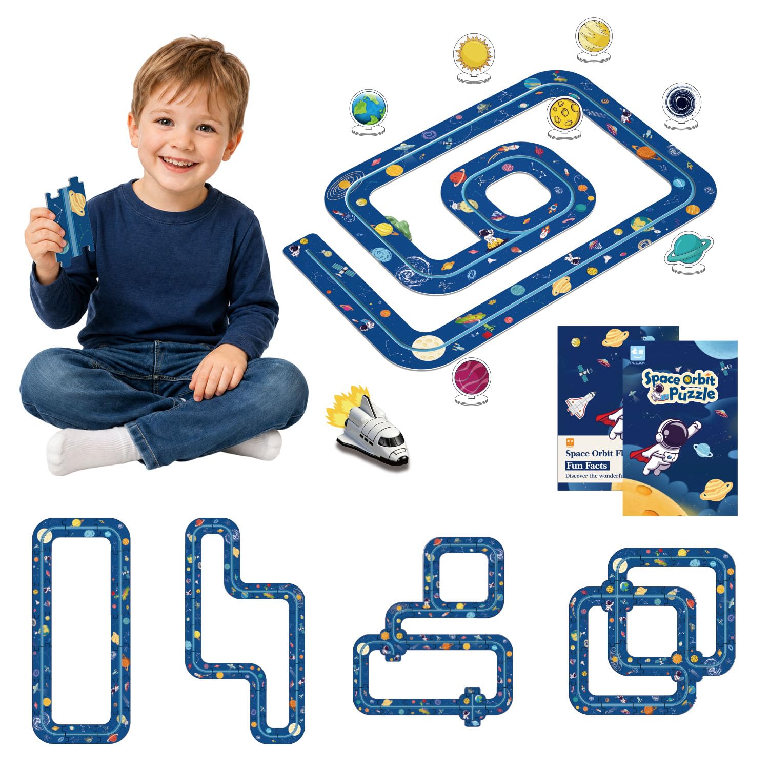 PUZJOY 2-in-1 Space Floor Puzzle & Race Track Toy Car for Kids Ages 3-8