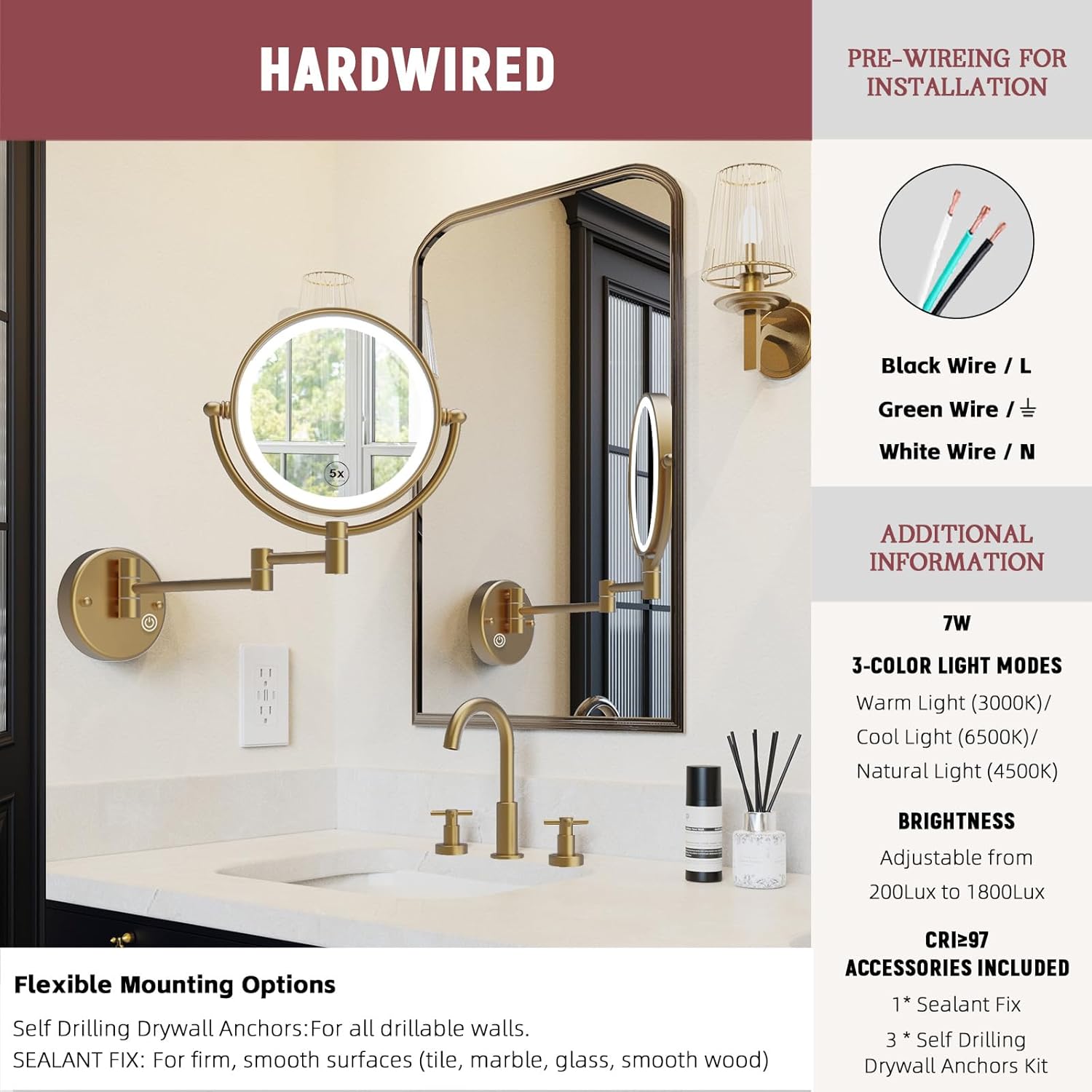 Upgraded Wall Mounted Makeup Mirror with Lights, 8" Double Sided 1/5X Magnifying Vanity Mirror for Bathroom, 3 Color 1800Lux Ultra-Bright, Touch Dimmable, Hardwired, Brushed Moderne Brass