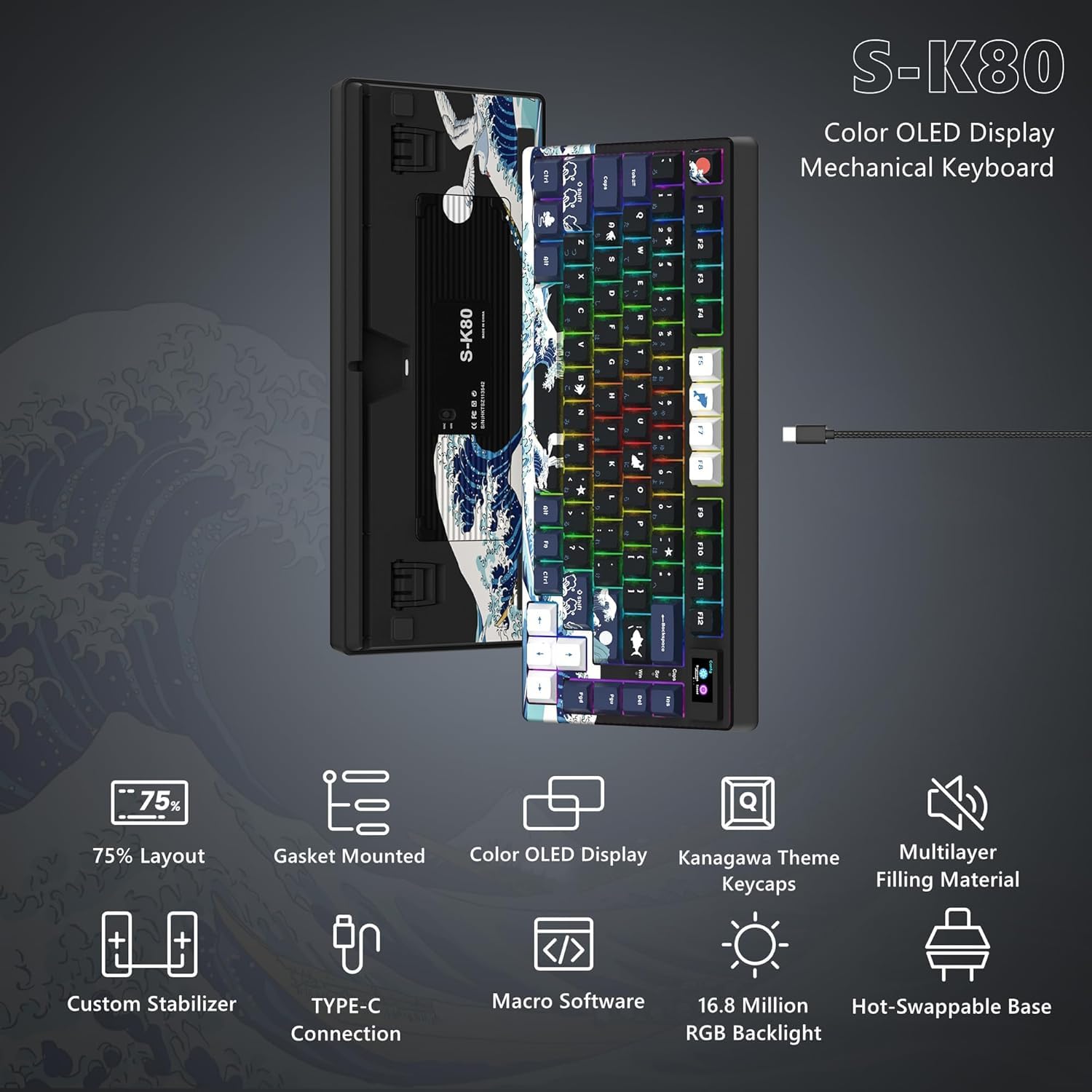 SK80 Teclado Mecánico Gaming 75% Compacto, USB C, Hot-Swap Tema Kanagawa, Montaje de Junta Personalizado RGB para Mac/Win, Negro