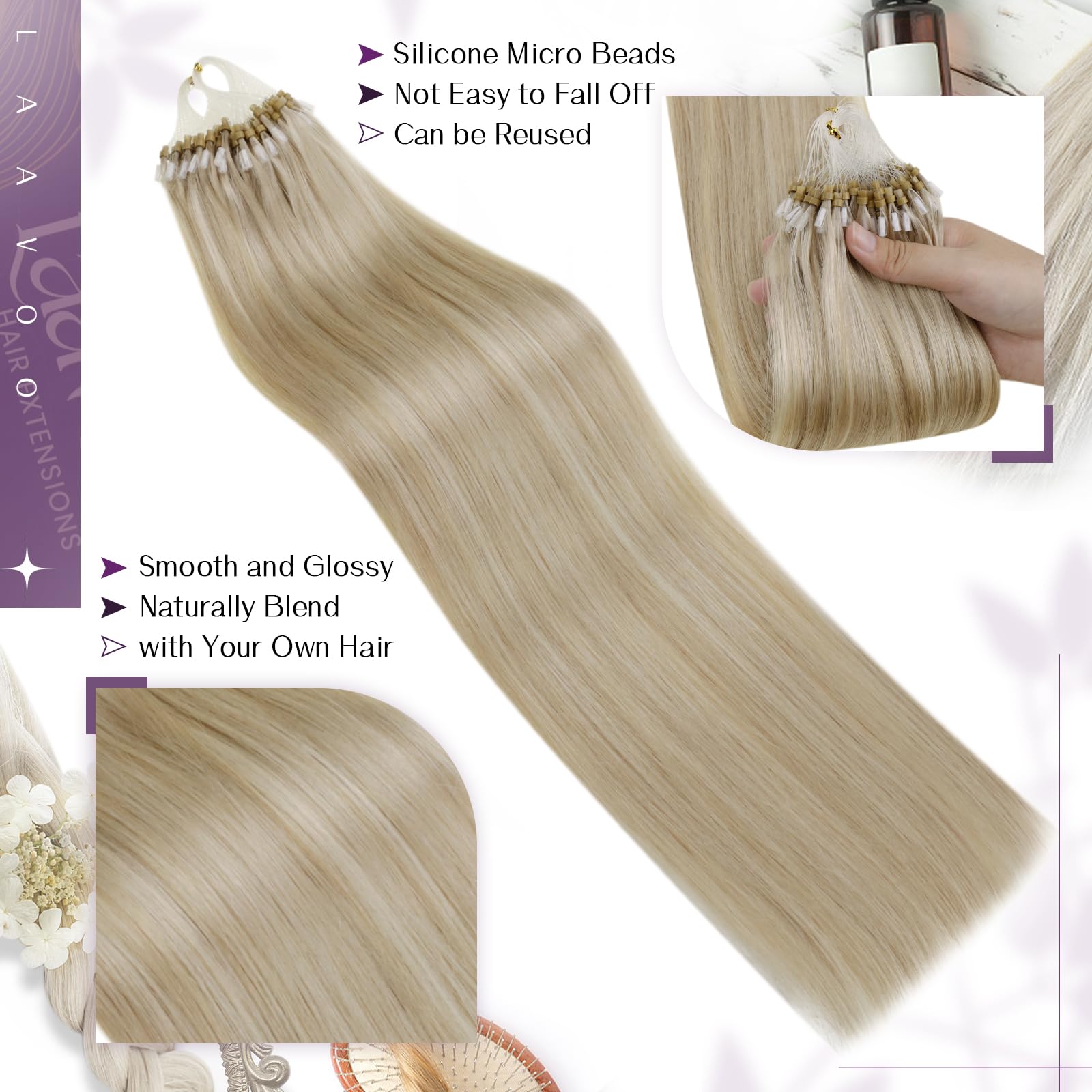 LaaVoo Micro Loop Hair Extensions 16 Inch Real Human Hair Remy Straight Highlight Ash Blonde with Golden Blonde Invisible Micro Ring Hair Extensions 50g 50s #16/22 - Image 2