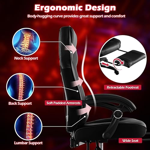 Vista 5 de Giantex Silla de juegos con reposapiés para adultos, silla reclinable de videojuegos con soporte lumbar, silla ergonómica de computadora de oficina