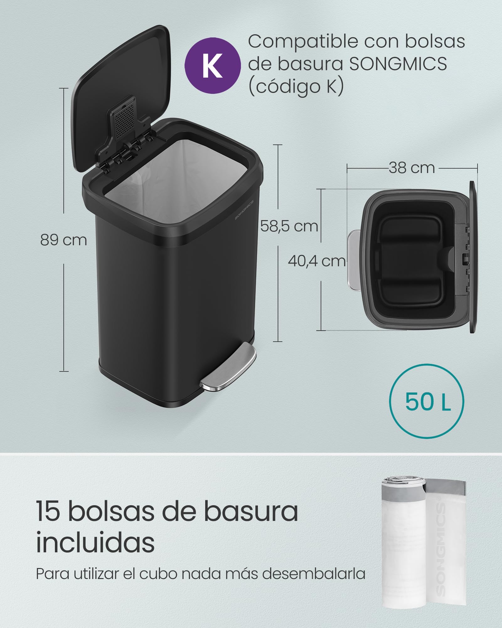 SONGMICS Cubo de Basura de Cocina, 50 L, Cubo de Basura de Metal con Pedal y Tapa, Alto y Grande, Negro LTB530B5002