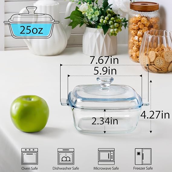 NUTRIUPS 0.8L Glass Casserole Dish with Lid Oven Safe Square Casserole Dish | 5.9in 25oz Glass Bakeware for Single Serving, Small Capacity