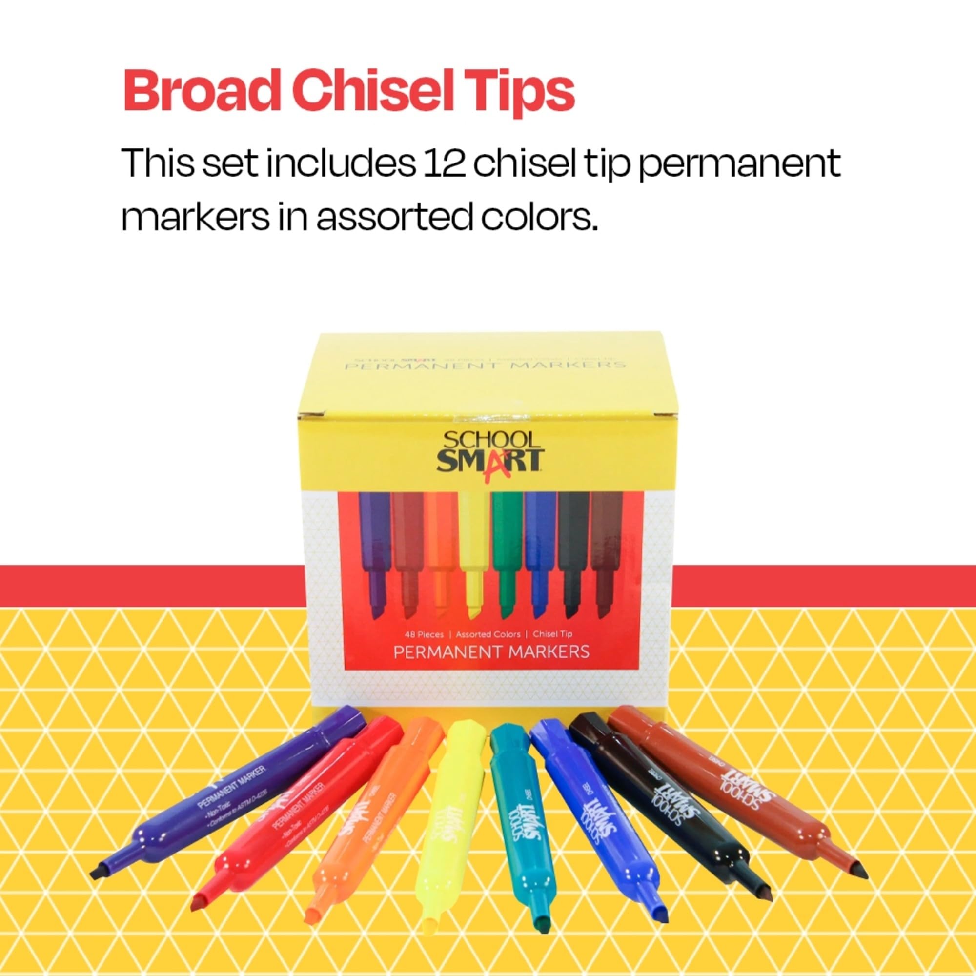 School Smart Permanent Markers - 48 Pack Broad Chisel Tip Assorted Colors