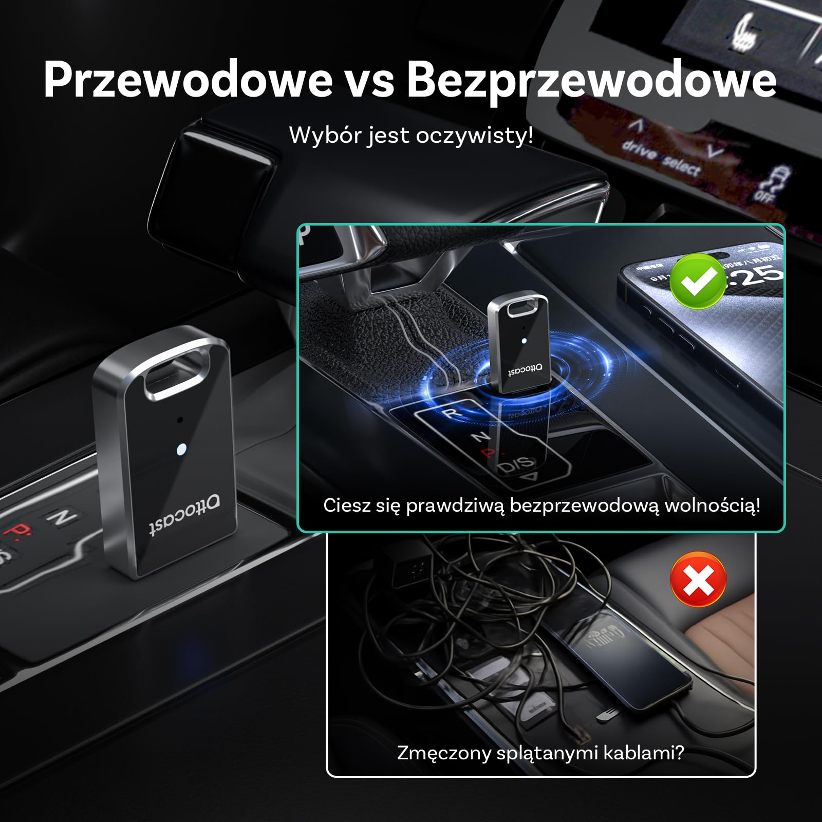 (Nowy Model 2025) OTTOCAST Adapter Bezprzewodowy 2 w 1 Carplay Android Auto, OTTO CAST Mini Edge dla iOS 10+ i Android 11+, Płynne Połączenie z Fabrycznym Carplay/AndroidAuto w Samochodach