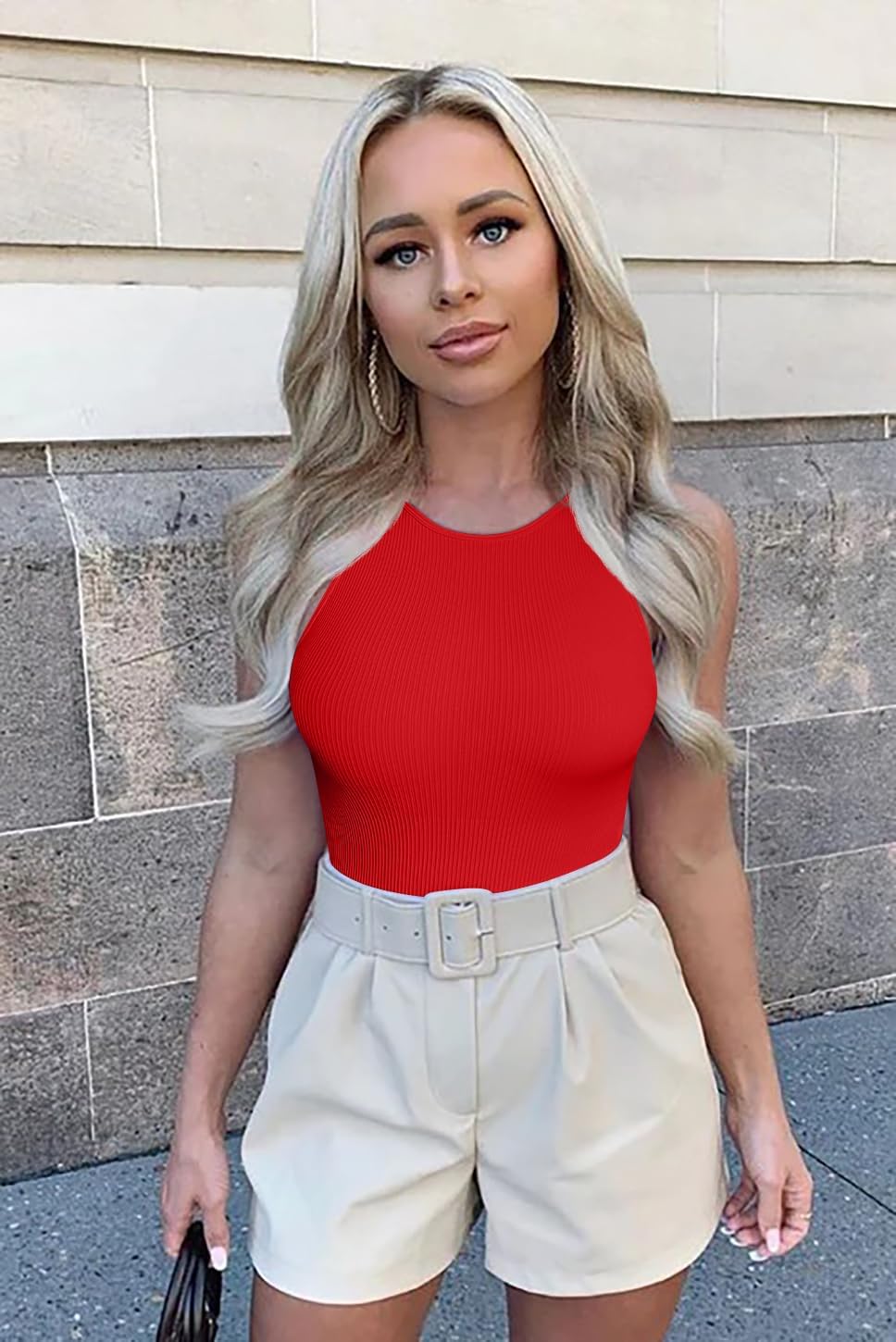 OQQ Women's 3 Piece Bodysuits Sexy Ribbed One Piece Sleeveless Halter Neck Tops Leotard Summer Trendy - Image 6