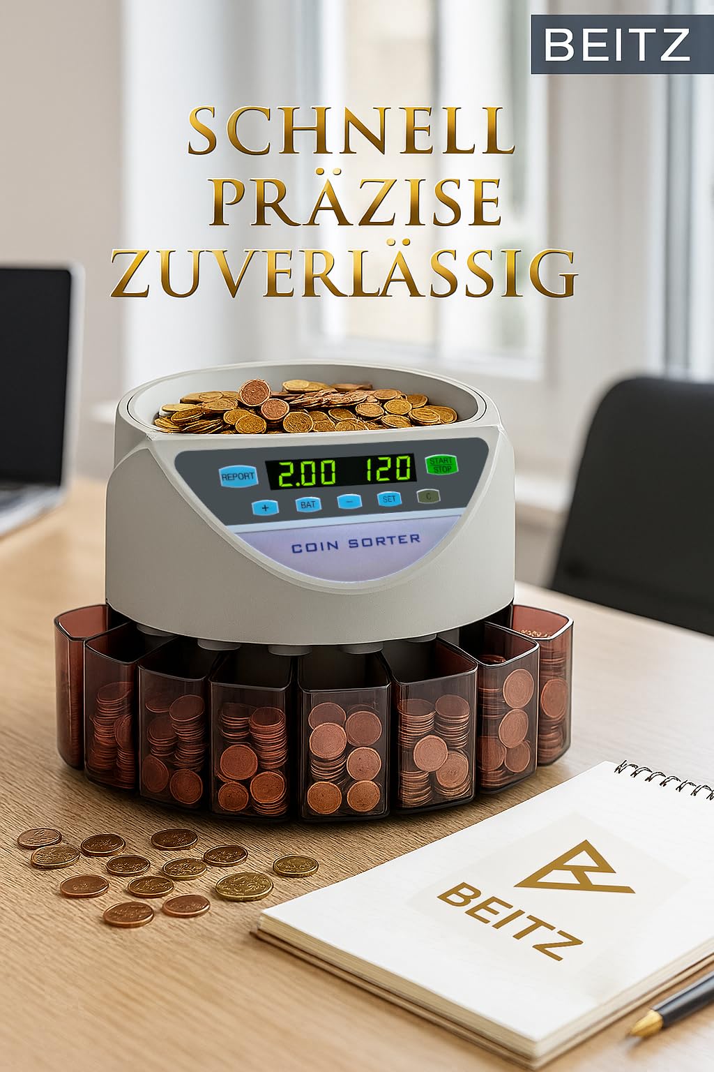 BEITZ BS-9001 | Automatischer Münzzähler & Münzsortierer für EUR | Geldzählmaschine für Kleingeld | Zählt & Sortiert Münzen nach Wert | Elektronischer Münzautomat | Münzzählmaschine mit 8 Münzfächer