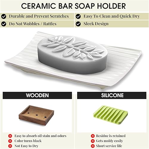 Miniatura 4 de Jabonera moderna Zen blanca  4.9 x 3 pulgadas  Soporte de cerámica duradero para jabón con crestas de ahorro de jabón, pies antideslizantes,