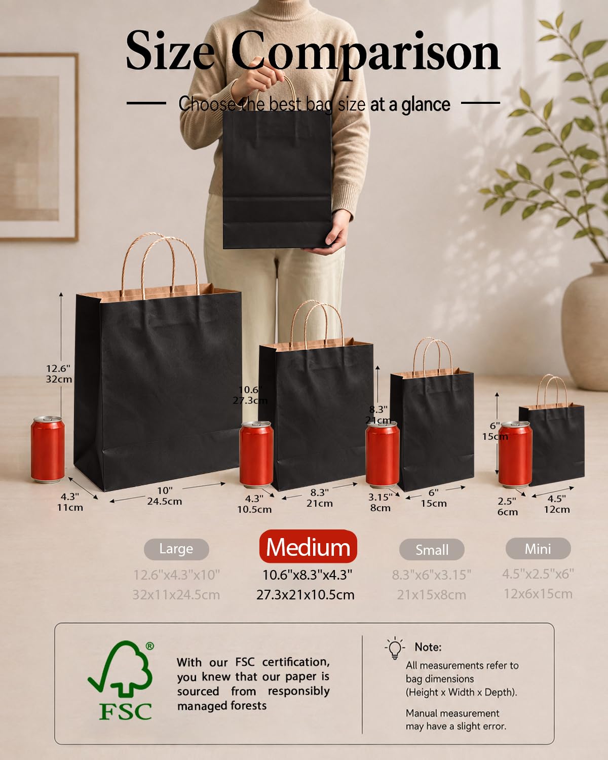 qiqee Paquete de 100 bolsas de regalo de papel negro con asas a granel de 7.6 x 4.06 x 10.5 pulgadas, bolsas de regalo de tamaño mediano, múltiples usos