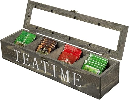MyGift Caja organizadora de té de madera gris vintage con 4 compartimentos, bolsas de té y condimentos con tapa con pestillo