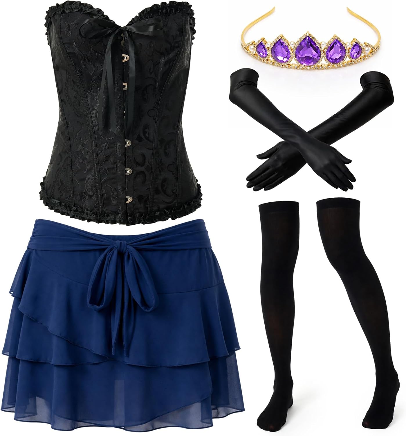 Halloween Adult Princess Costume Set Include Corset Tiara Puffy Mini Skirt Long Satin Gloves Knee High Socks