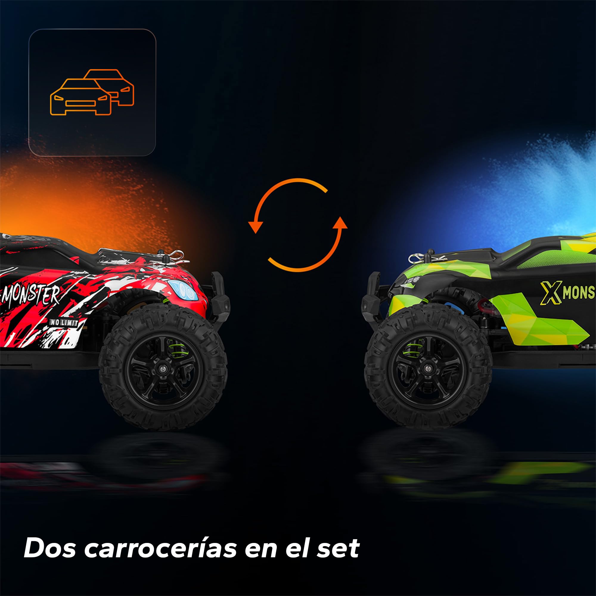 Overmax X-Monster Truck RC Coche teledirigido 45 km/h, 1:18, 2 baterías, 4 Ruedas, Alcance de 100 m, Control Remoto Mejorado