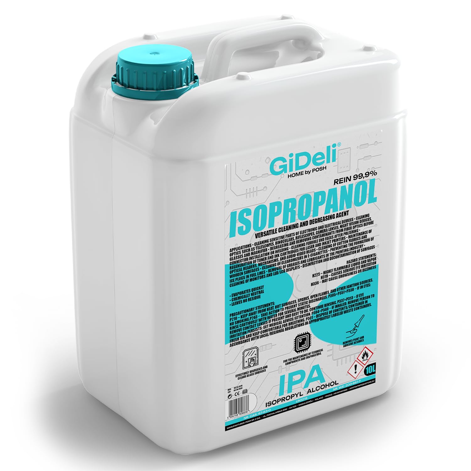 GiDeli alcool isopropilico 99,9% 10 litri di alcol isopropanolo per elettronica lenti e schermi pulizia di resine con stampa 3D