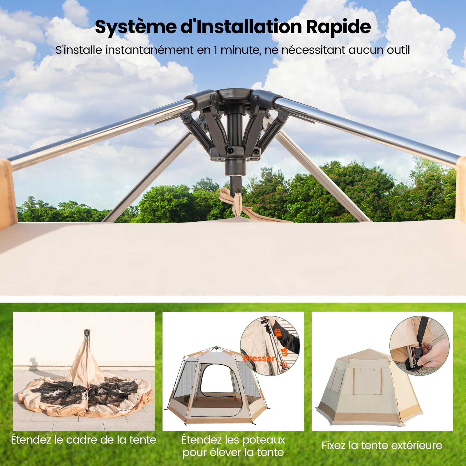 GOPLUS Tente de Camping Pop-Up pour 4-6 Personnes, avec Fixation Automatique, Double Couche & Double Toit, 2 Entrées &4 Fenêtres, Sac de Transport, Tente Familiale & Coupe-Vent pour Randonnées