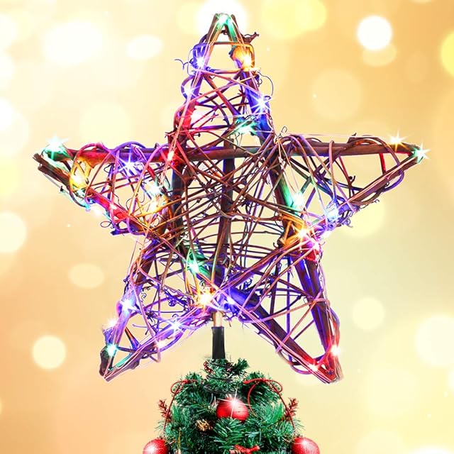 Rustic Christmas Tree Topper Star, Rattan Natural Star Tree Topper with 50 Lights, Christmas Decorations Holiday Decor,10 inches, Battery Operated