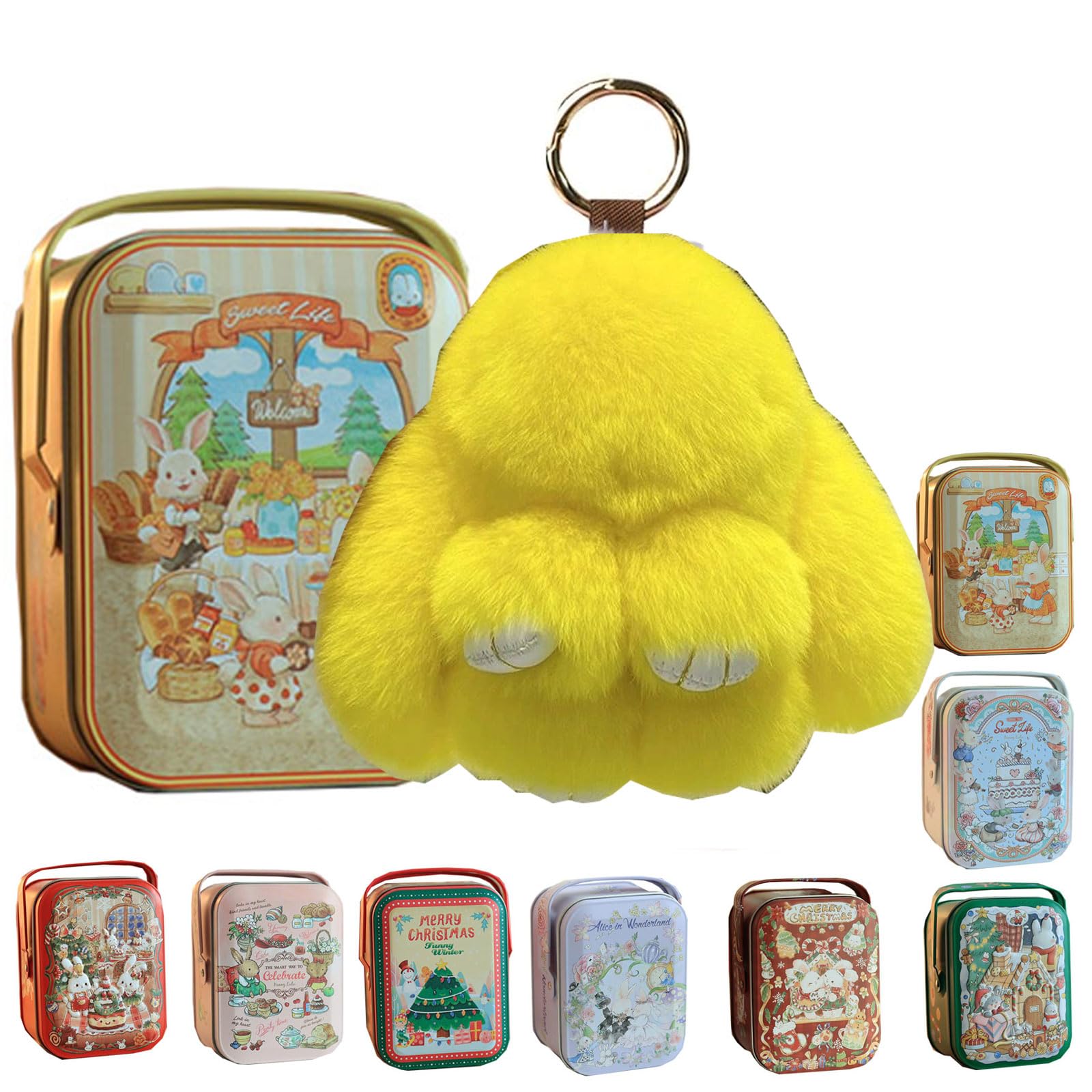 MINGRI Soft Bunny Keychain with Tin,Cute Valentines Gift Plush Keychain for Backpack,Bag Charm Gift Key Chain