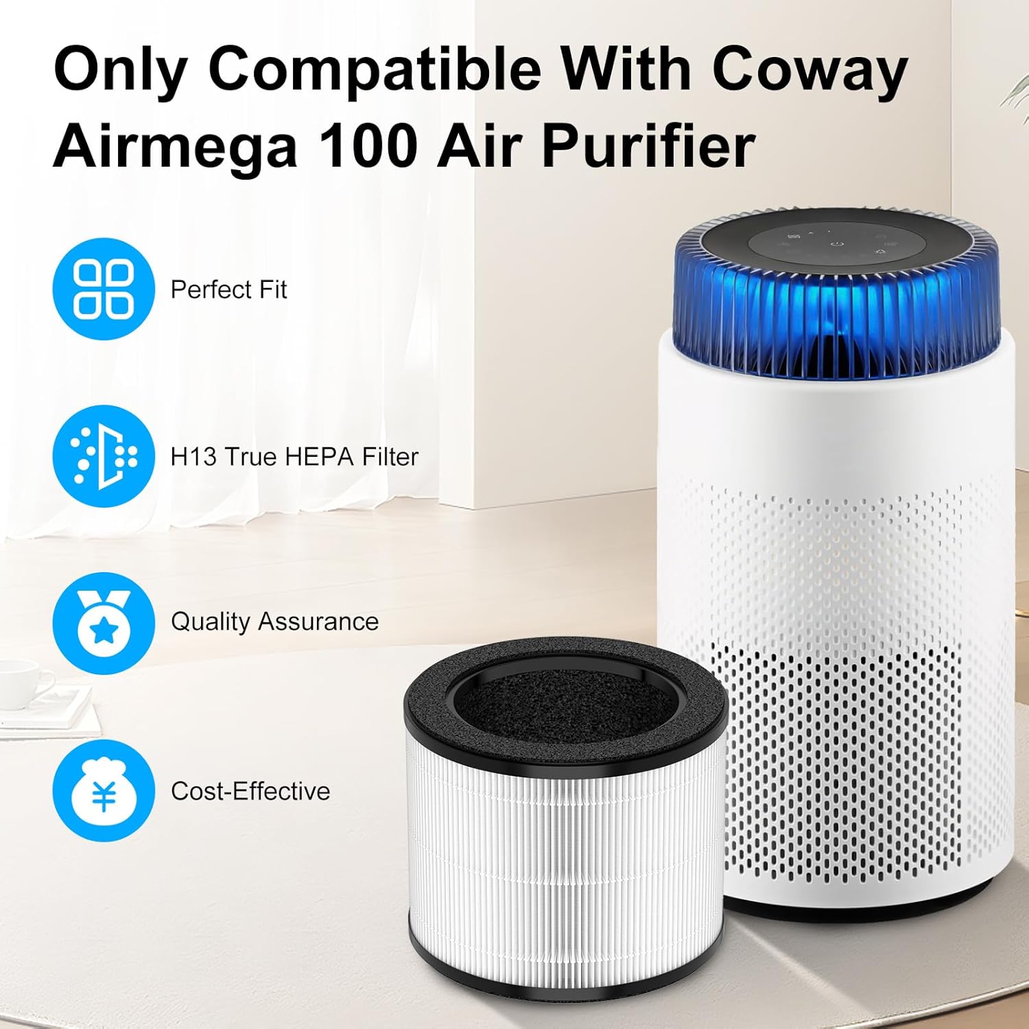2 Pack Airmega 100 Filter Replacement Fit for Coway Airmega 100 Air Puri-Fier for Bedroom Home up to 810 ft², 3-in-1 H13 True HEPA and Deodorization Filter