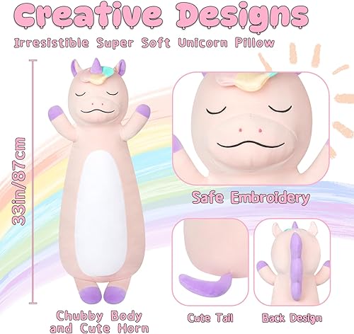 Miniatura 4 de JEROKUMI Peluche largo de unicornio, de 33 pulgadas, lindo unicornio rosa, almohada de felpa suave de unicornio, almohada suave de peluche de