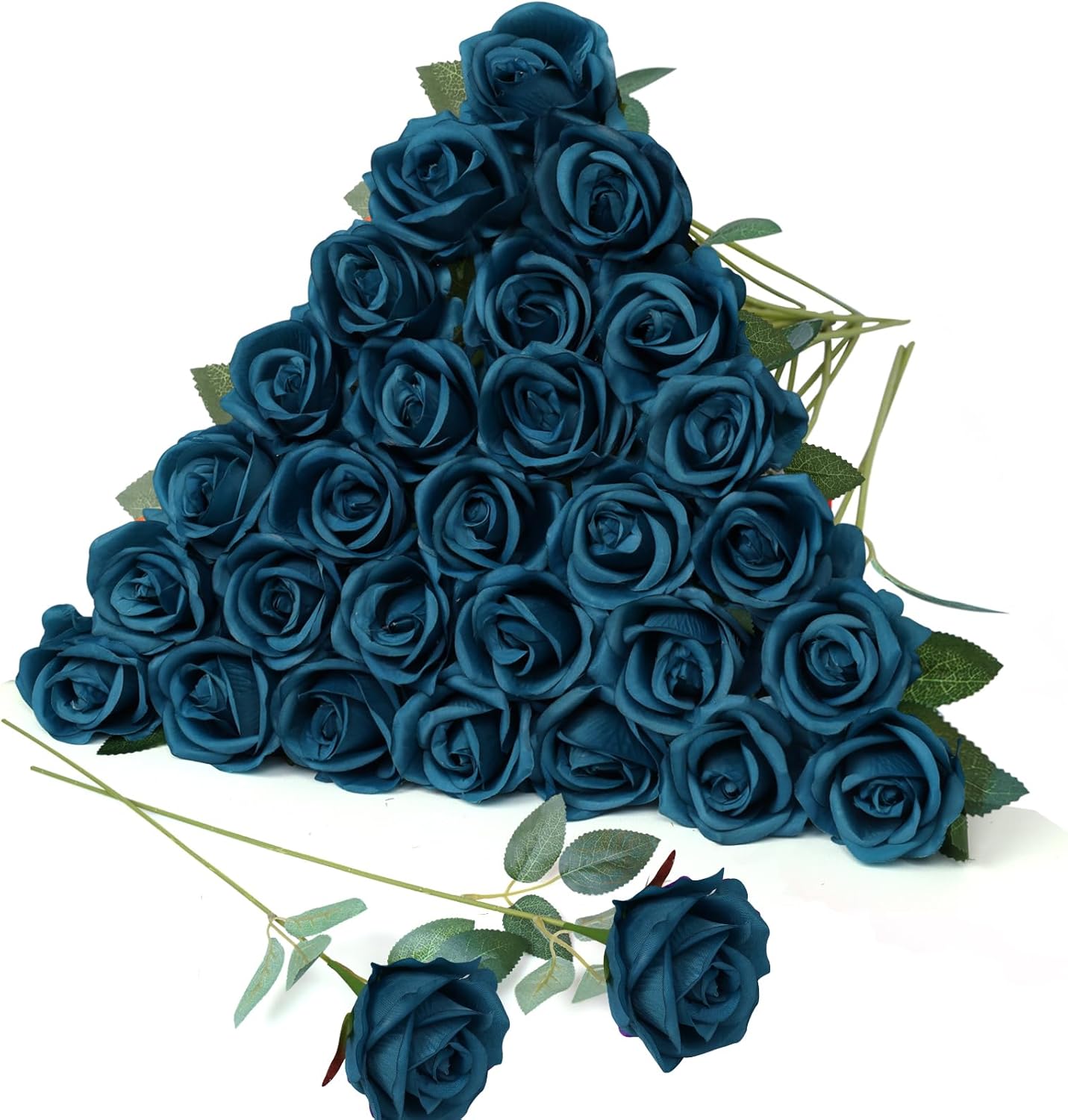 LPREUTWN 30pcs Fake Roses Artificial Silk Flowers Long Stems Bouquet for Wedding Bridal Shower Party Home Decoration (Teal)