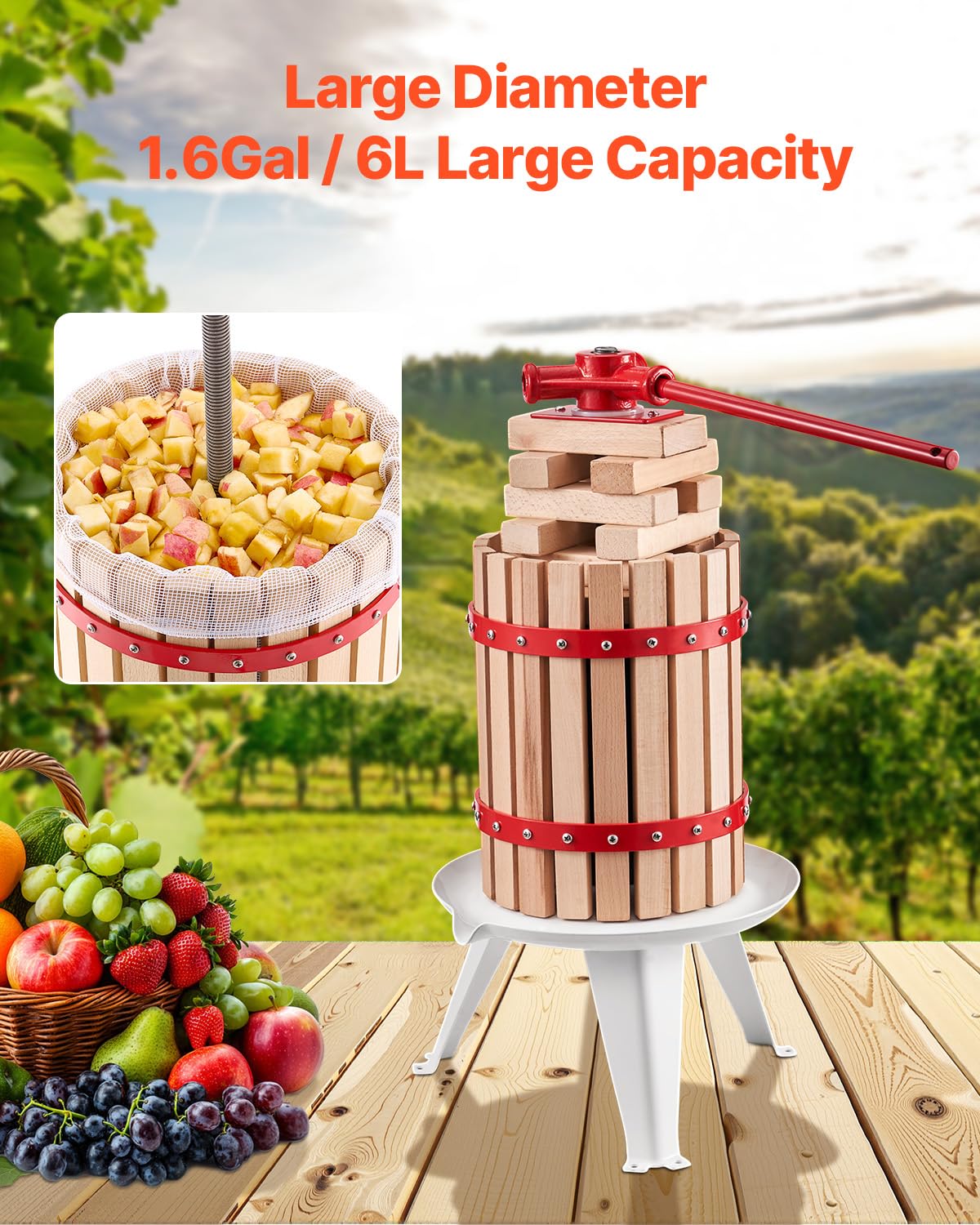 VEVOR Obstweinpresse Obstmühle (6 L) mit Massivholzkorb mit 8 Blöcken, robuster manueller Entsafter, Apfelweinpresse Apfelpresse Traubenpresse Olivenölpresse mit Griff, Saftpresse für Küche