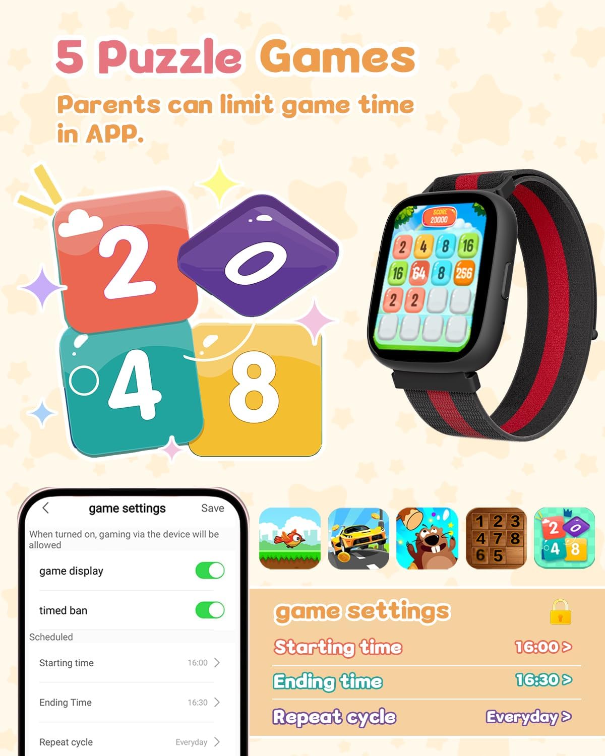 Smart Watch for Kids No Phone No APP Needed, 1.83" Fitness Tracker Watch with Pedometer, Step Counter， Heart Rate/Sleep Monitor, IP68 Waterproof, Puzzle Games for Boys Teens 5-12, Nylon