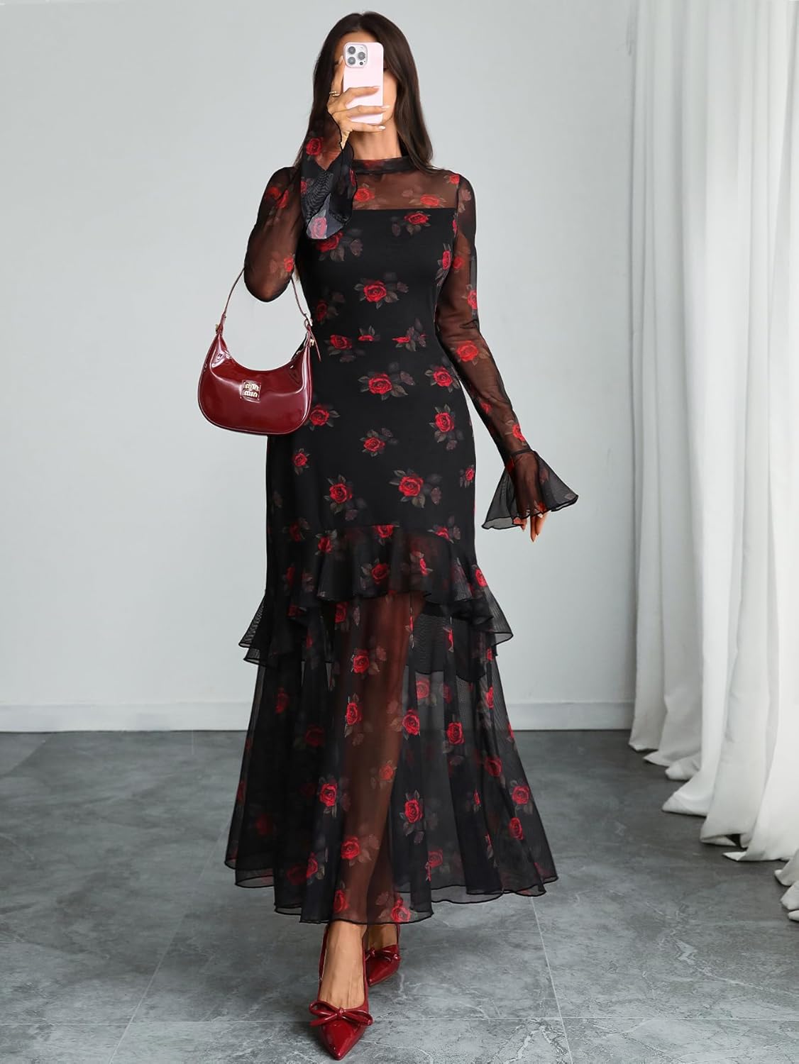 GothDark Womens Floral Maxi Dress Sheer Mesh Bell Sleeve Tiered Ruffle Gothic Romantic Casual Long Dresses - Image 2