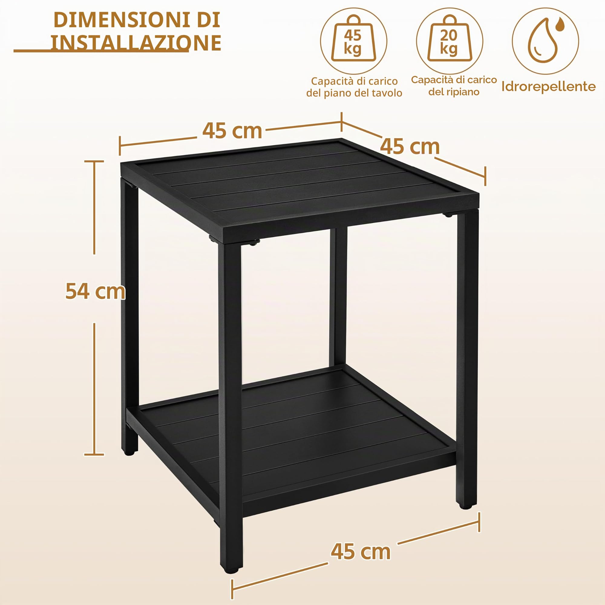 Yaheetech Tavolo da Giardino con Ripiano in Metallo Tavolino Quadrato di Servizio con Doghe per Esterno Patio Bistrot Terrazza 45 x 45 x 54 cm Nero