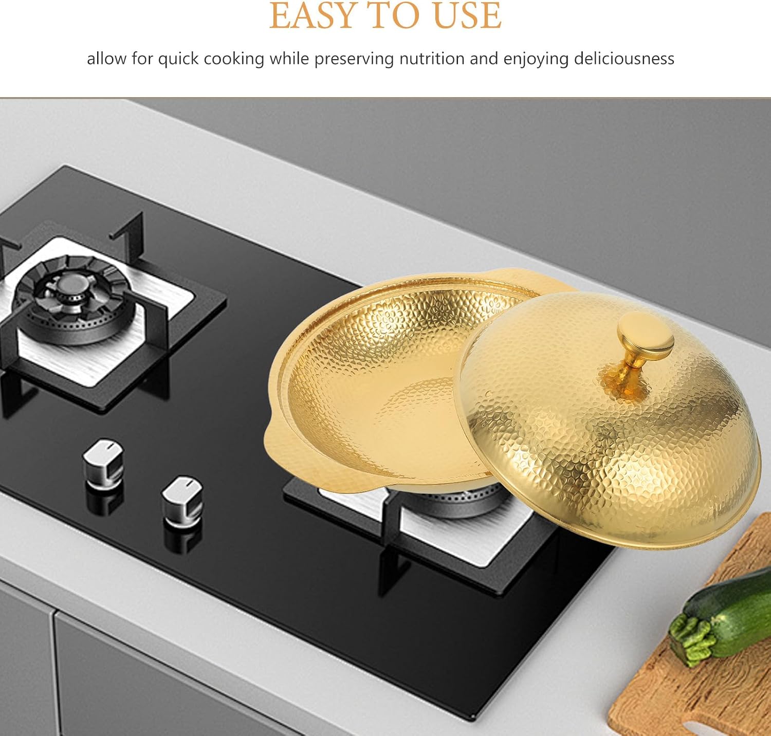 Double Handle Paella Pan, Seafood Cooking Skillet, Stainless Steel Material, With Lid, for Home Kitchen Gas Electric Stove Seafood Cooking Outdoor Picnic Gathering Golden 12. 20x10. 51x5.