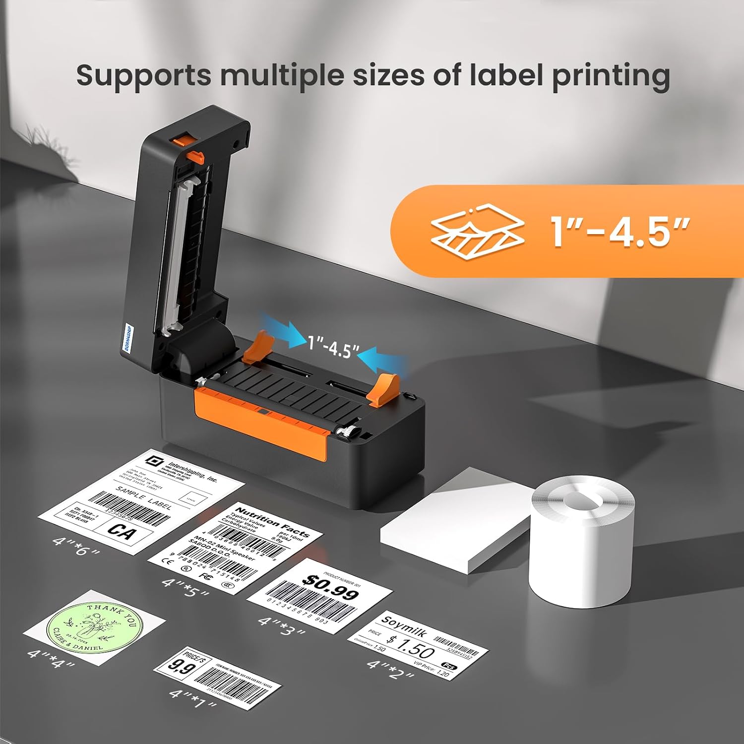 The BORN4SHIP D463B printer shown with various label sizes, from 1 inch to 4.5 inches, demonstrating its adaptability for different labeling needs.