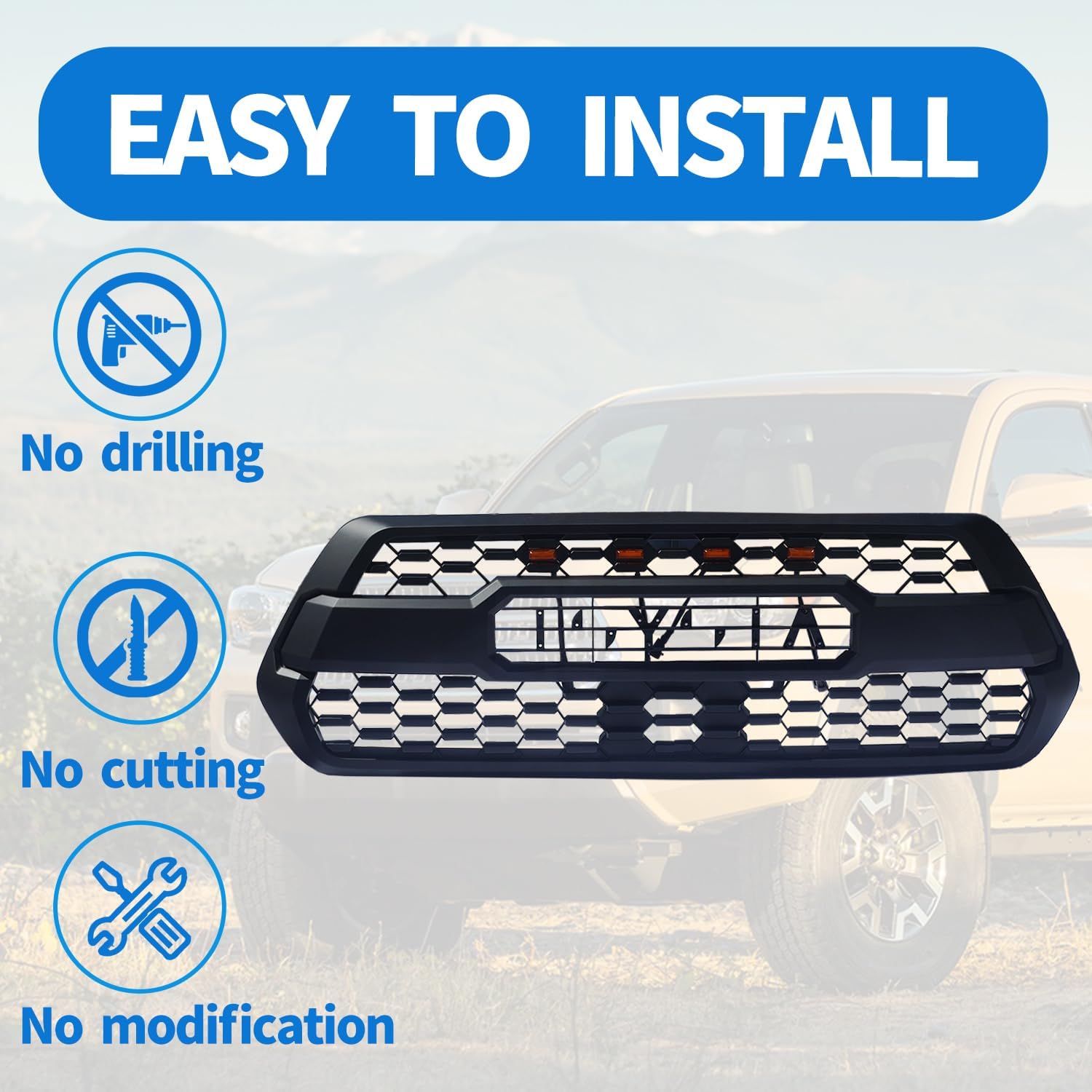 Front Grille for 2016-2023 Tacoma SR, SR5, TRD Off-Road, TRD Sport Extended Cab & Crew Cab, Front Mesh Hollow Bumper Grill with 4 Amber Led Lights Accessories, Matte Black