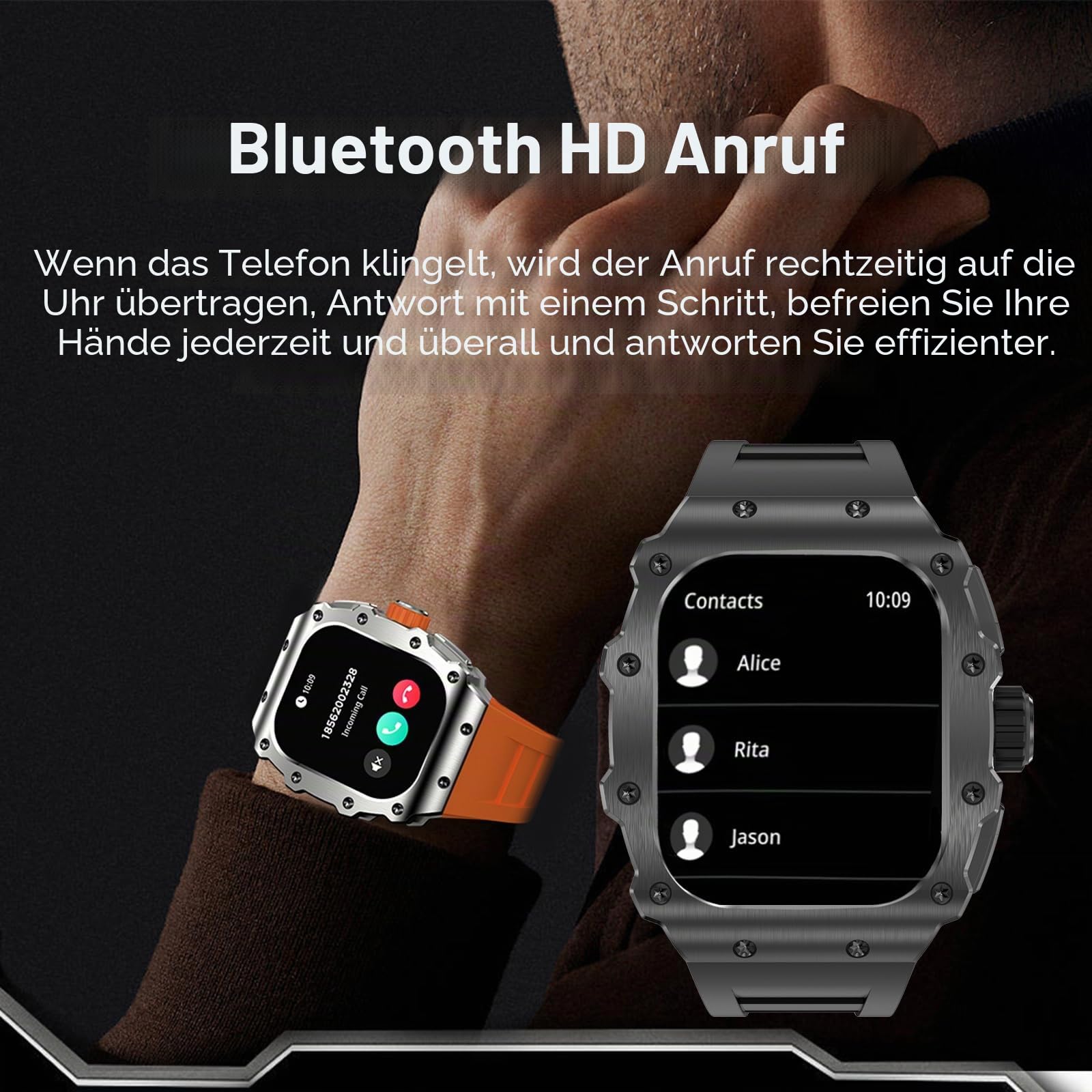Militär Smartwatch Herren mit Telefonfunktion für Android iOS 1.95 Zoll AMOLED Touchscreen Fitnessuhr Blutdruck Herzfrequenz Schlafmonitor IP68 Wasserdicht Outdoor Sportuhr Langer Akku 123 Sportmodi
