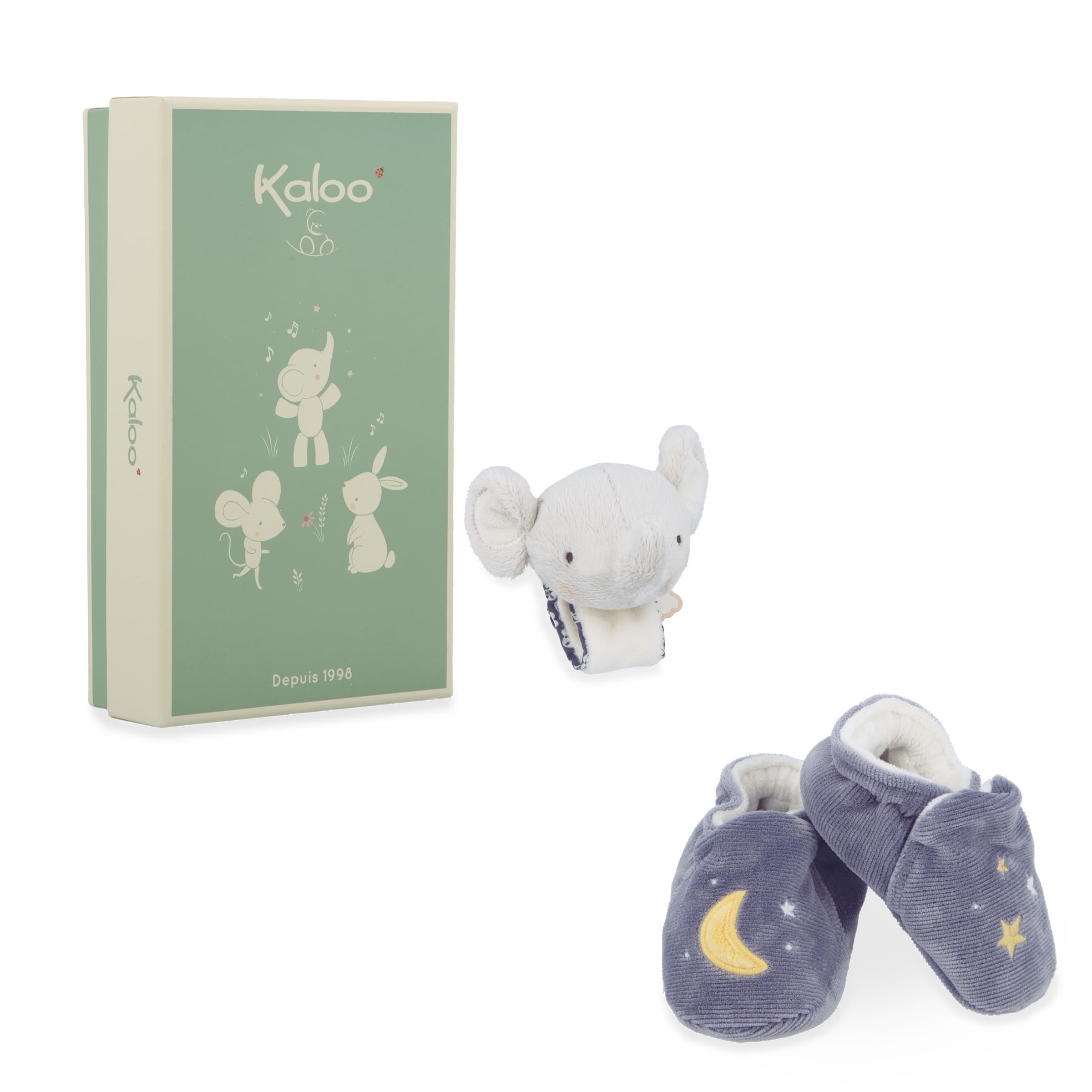 Kaloo - Coffret bracelet et chaussons éléphant - Bracelet et chaussons avec grelots - Cadeau naissance raffiné - Stimule l'éveil et la motricité - Boîte cadeau personnalisable - K210010