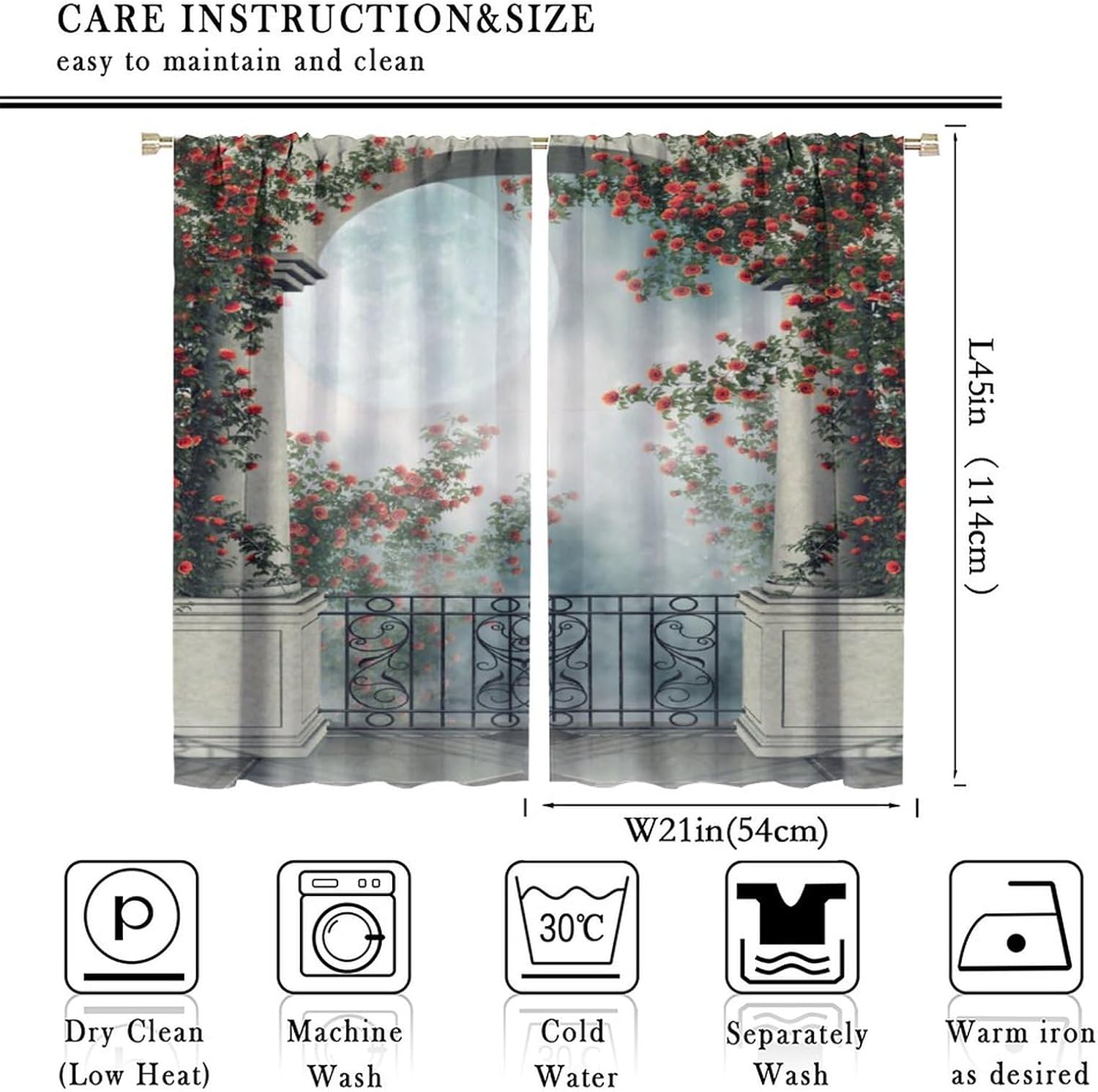 Romantic Gothic Garden Curtains, Marble Arch with Blooming Bright Red Flowers Dim Moon, Thermal Insulation Blackout Rod Pocket Window Treatments for Living Room Bedroom Bathroom (21x45in) x2 Panels
